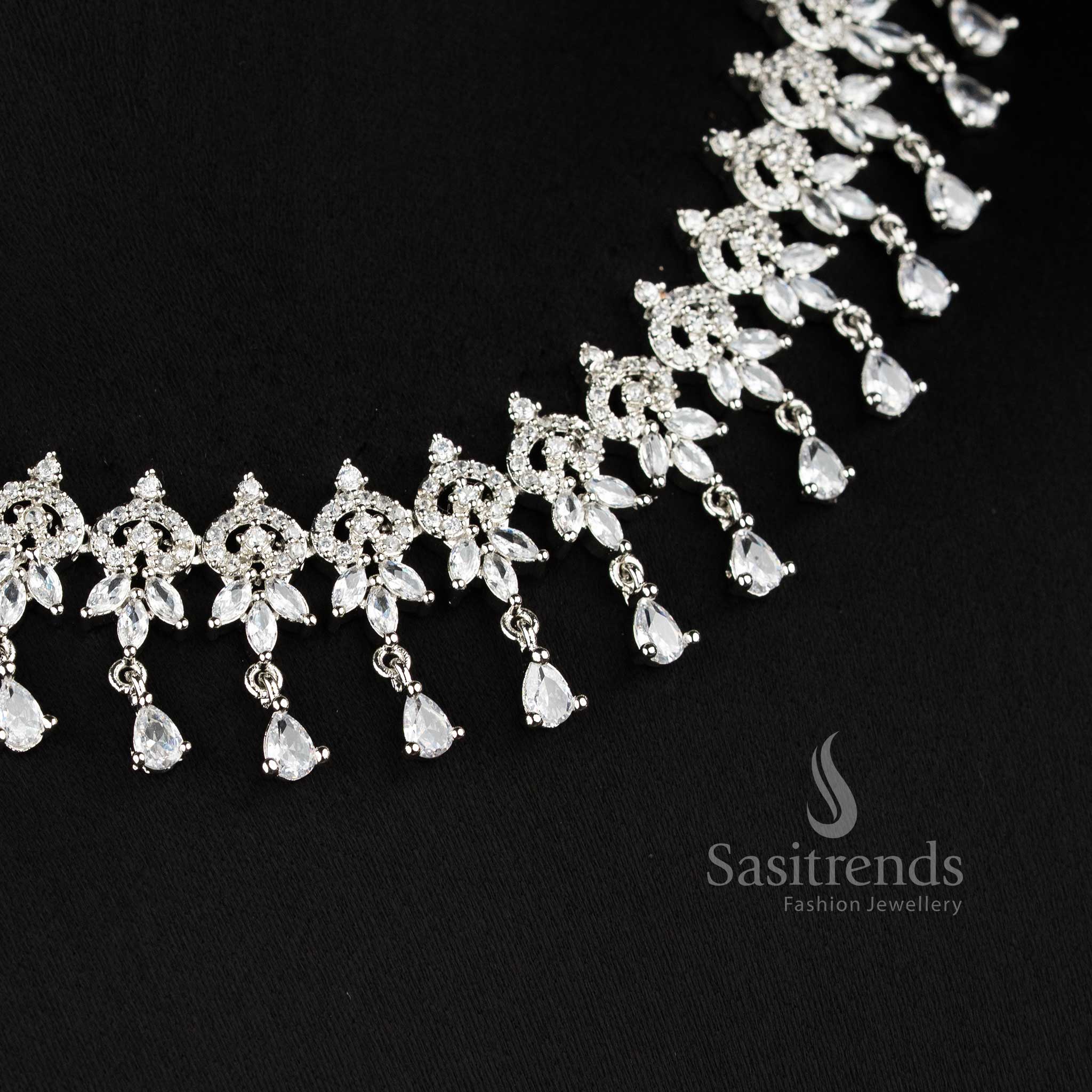 Elegant New Trendy Floral Collection Rhodium Silver Plated Necklace Jewellery Set with American Diamond - Bridal & Party Wear | Sasitrends - Image 10