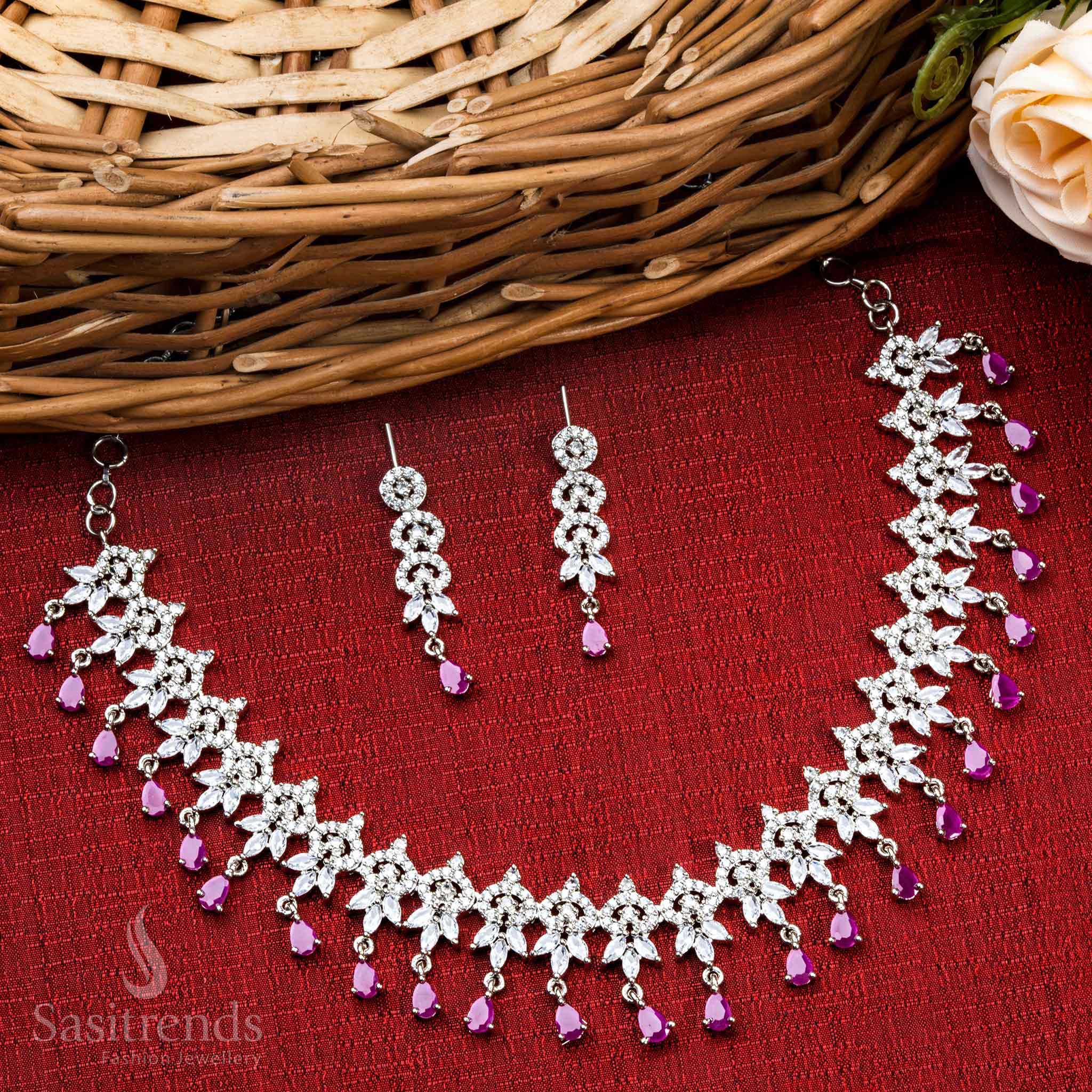 Elegant New Trendy Floral Collection Rhodium Silver Plated Necklace Jewellery Set with American Diamond - Bridal & Party Wear | Sasitrends - Image 20