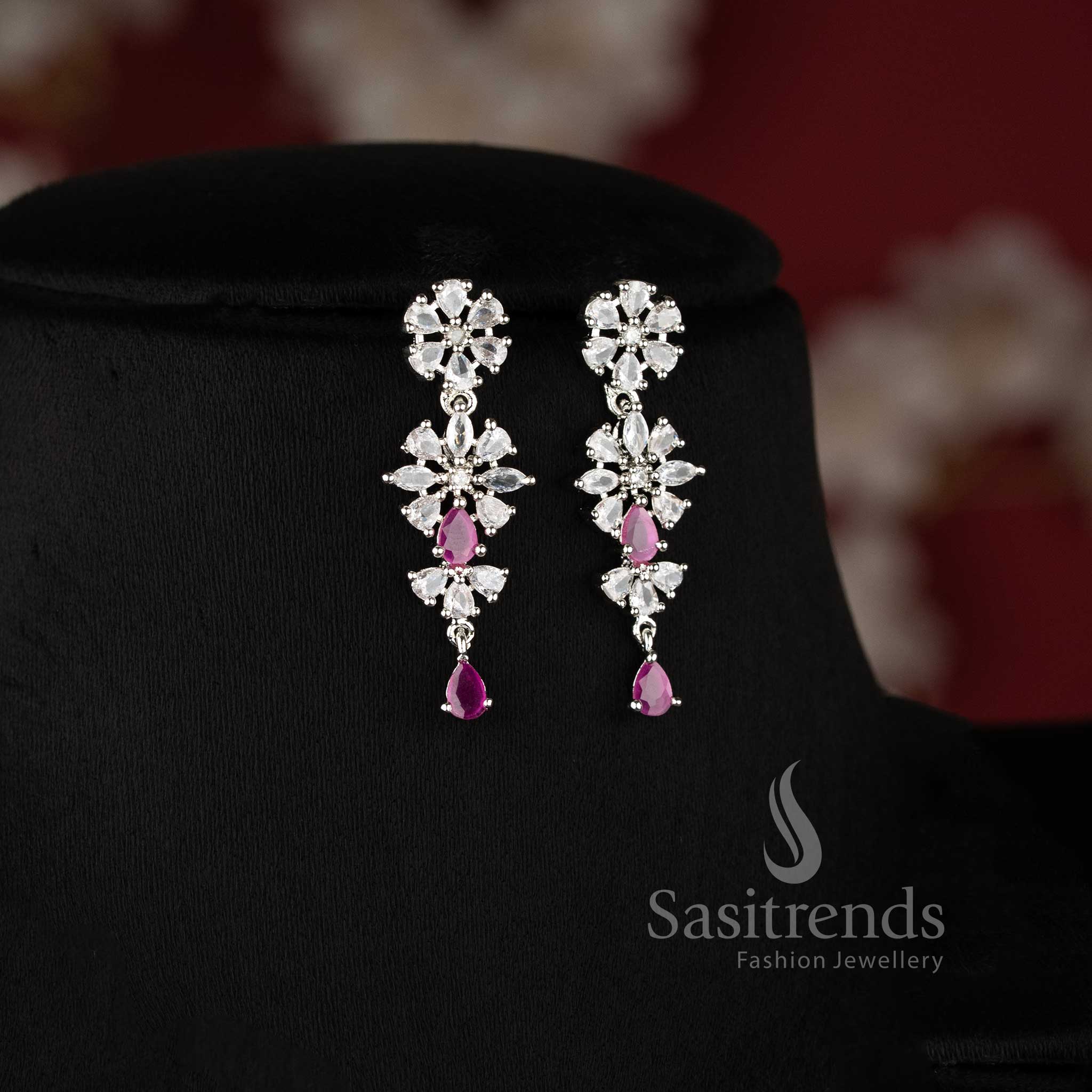 New Trendy Festive Collections: Rich Look Rhodium Silver Plated Floral Necklace Jewellery Set with American Diamond - Party Wear - Image 2