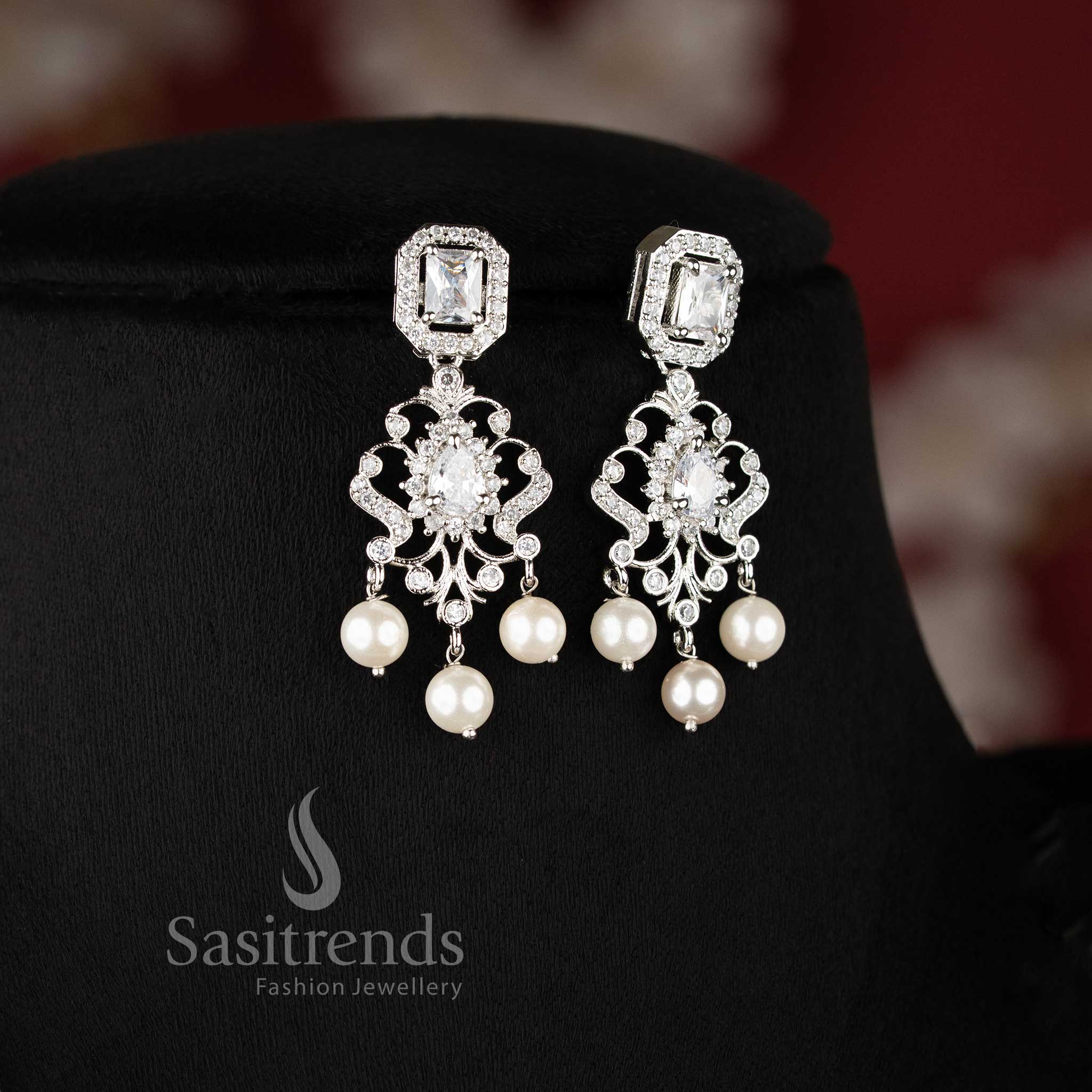Latest Trendy Rhodium Silver Floral Party Wear Necklace Jewellery Set with American Diamond Stones | Sasitrends - Image 3