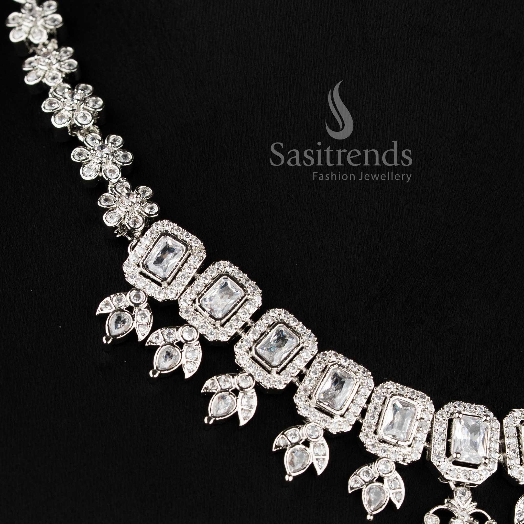 Latest Trendy Rhodium Silver Floral Party Wear Necklace Jewellery Set with American Diamond Stones | Sasitrends - Image 5