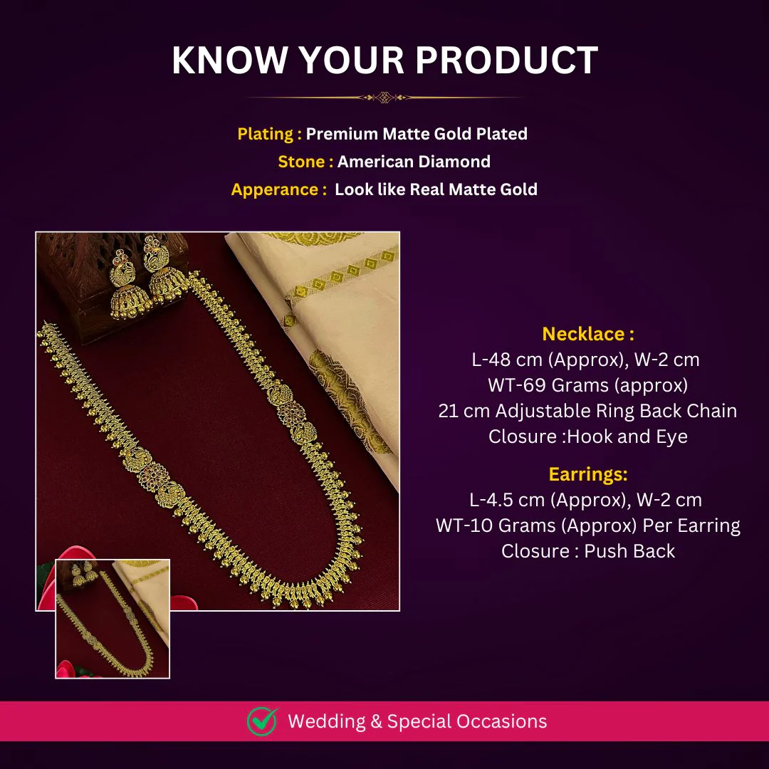 Grand Bridal Traditional Wear Matte Gold Peacock Floral Long Necklace Jewellery Set with Jhumkas for Women | Sasitrends - Image 12