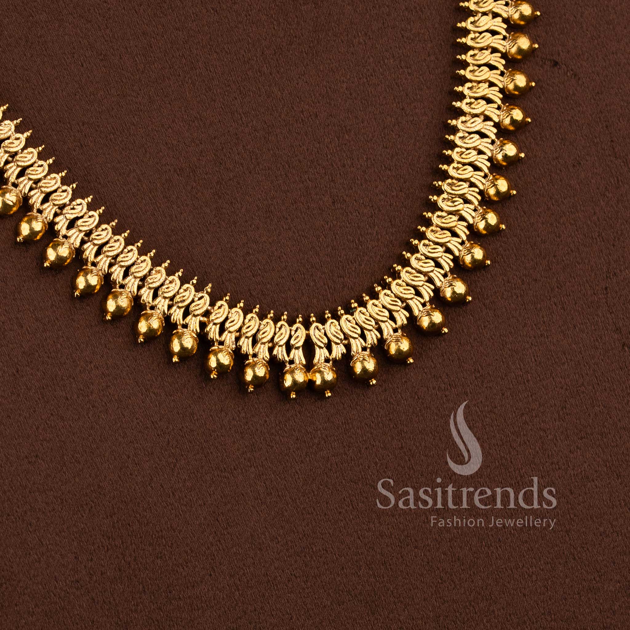 Grand Bridal Traditional Wear Matte Gold Peacock Floral Long Necklace Jewellery Set with Jhumkas for Women | Sasitrends - Image 6