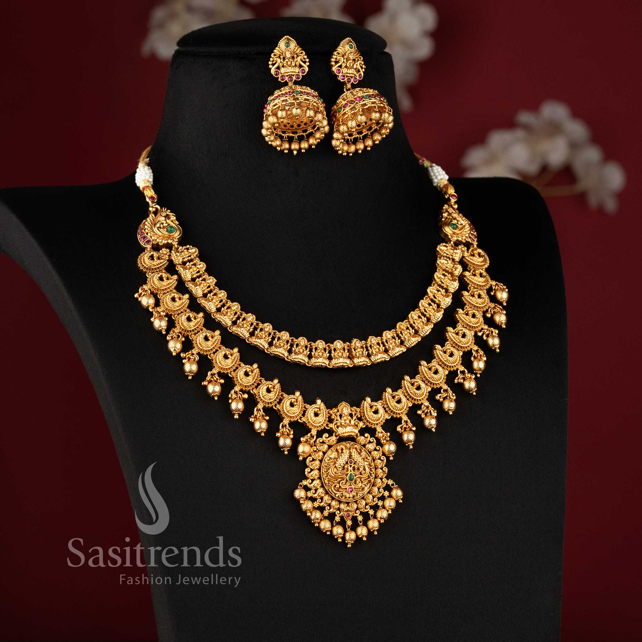 Traditional Grand Bridal Lakshmi and Peacock Necklace Jewellery Set - Matte Gold Plated Jewellery for Women | Sasitrends - Image 2