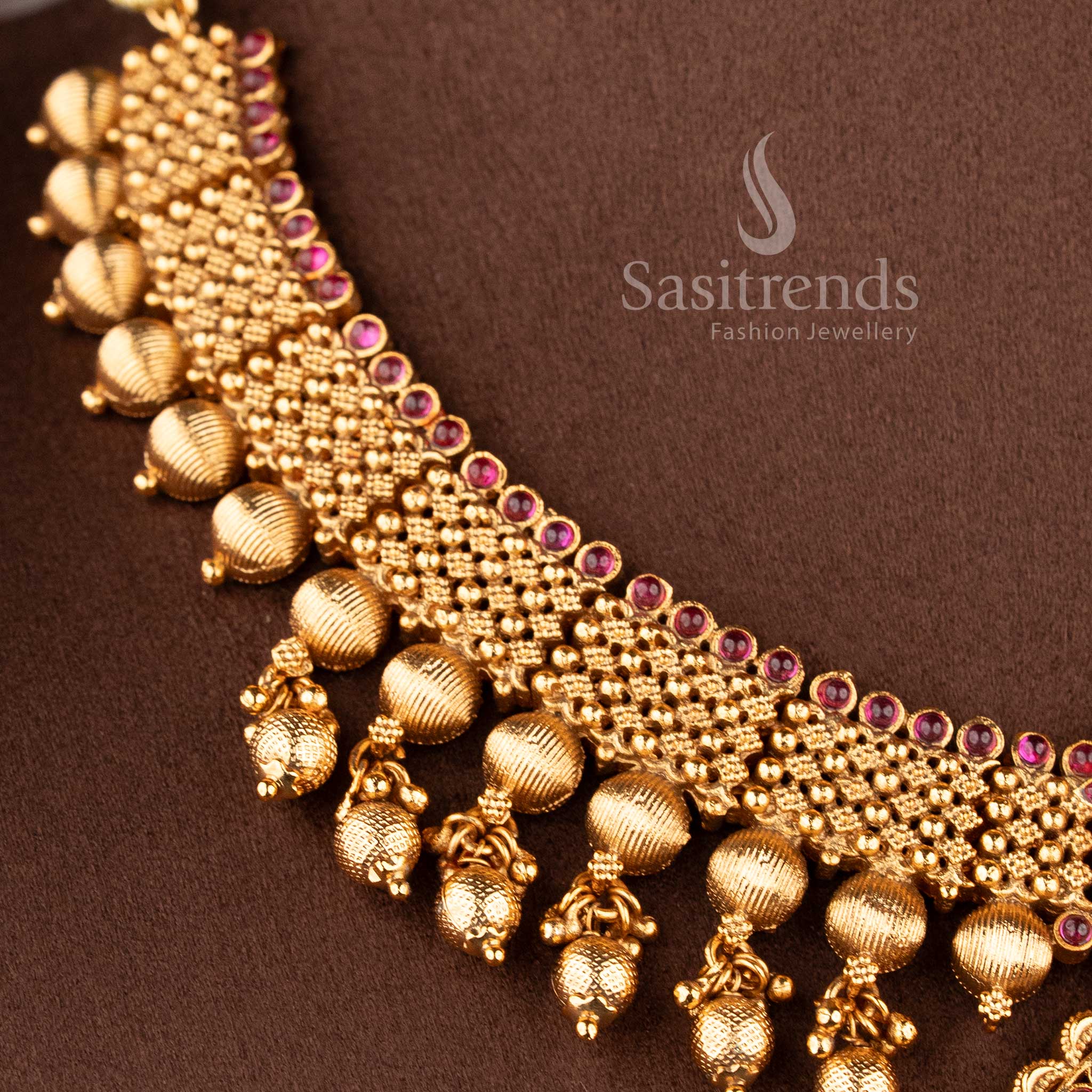 Traditional Grand Bridal Floral Necklace Jewellery Set - Temple Matte Gold Plated | Sasitrends - Image 14