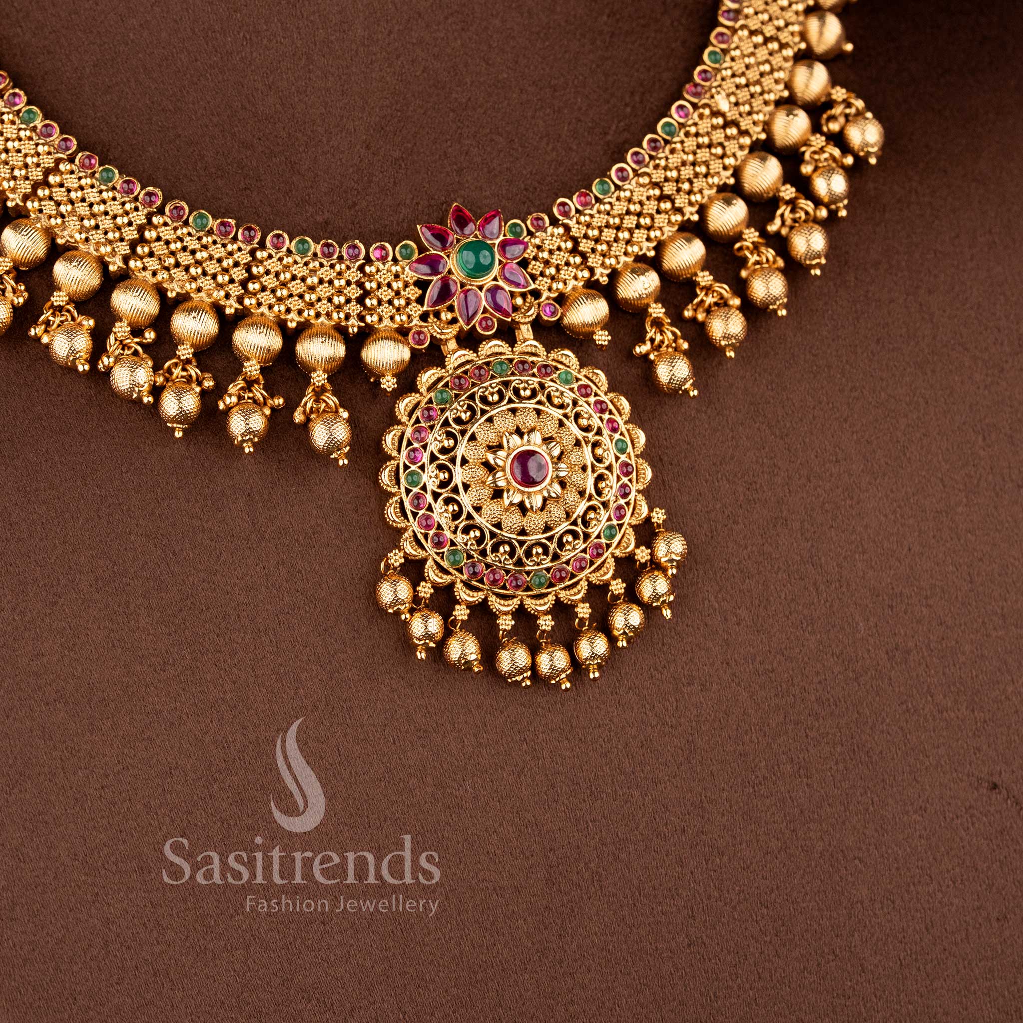 Traditional Grand Bridal Floral Necklace Jewellery Set - Temple Matte Gold Plated | Sasitrends - Image 15