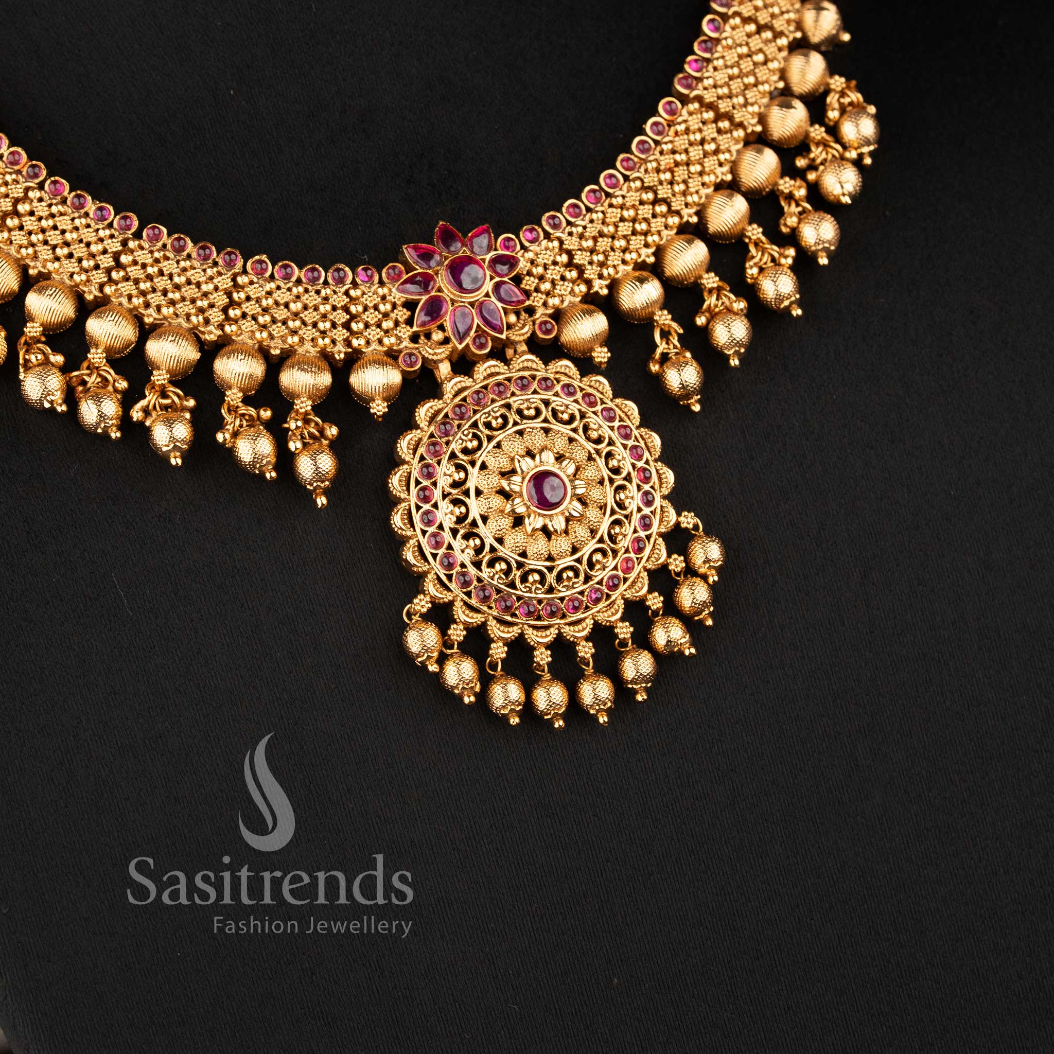 Traditional Grand Bridal Floral Necklace Jewellery Set - Temple Matte Gold Plated | Sasitrends - Image 4