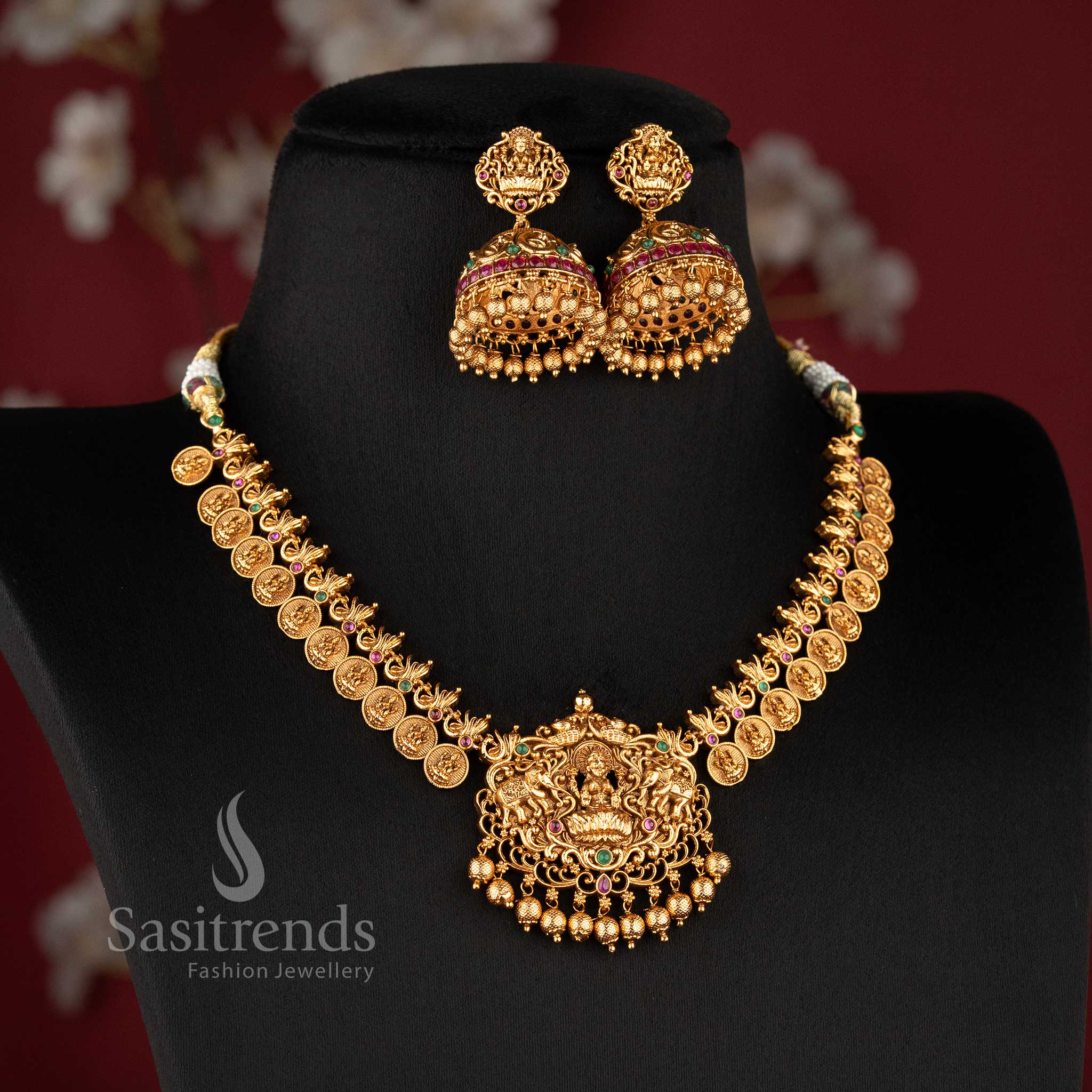 Trendy Bridal Wear Temple Matte Gold Plated Lakshmi Coin Peacock Necklace Jewellery Set | Sasitrends - Image 4