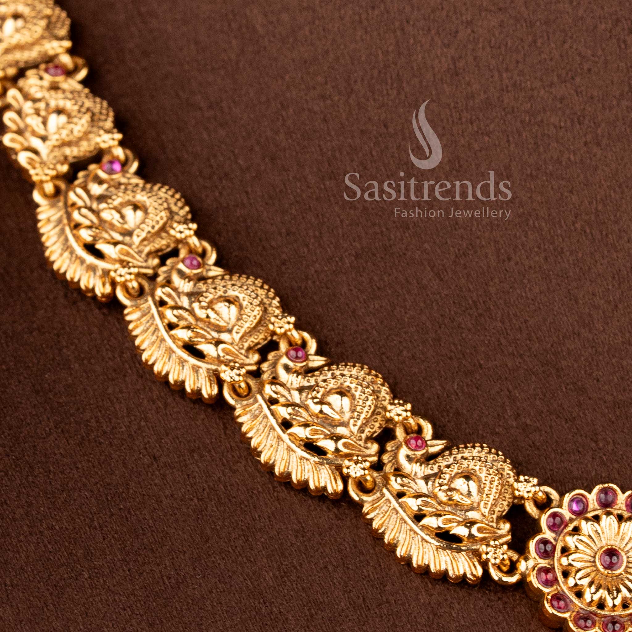 Grand Bridal Wear Temple Matte Gold Finish Lakshmi and Peacock Choker Nakshi style Necklace Jewellery Set | Sasitrends - Image 10
