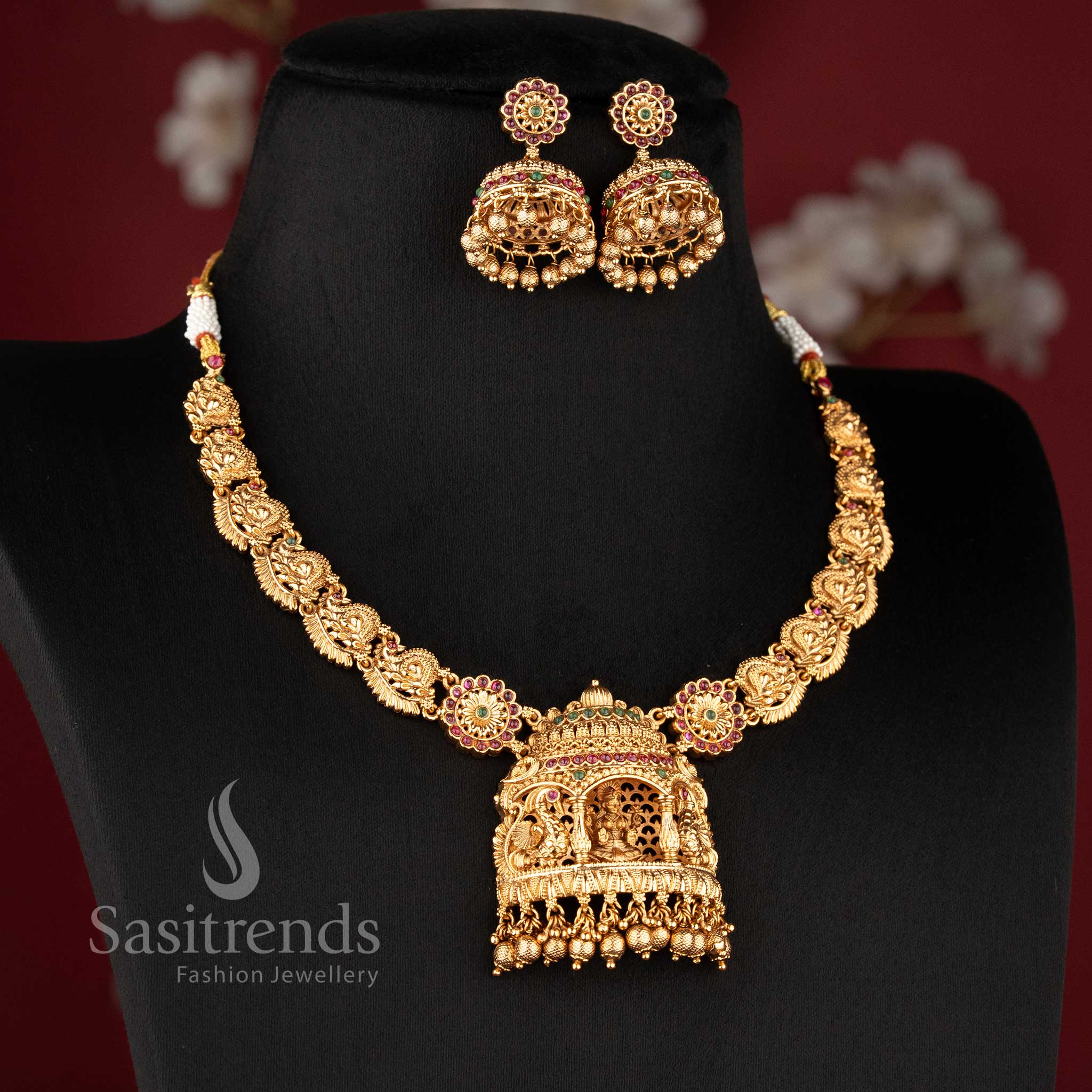 Grand Bridal Wear Temple Matte Gold Finish Lakshmi and Peacock Choker Nakshi style Necklace Jewellery Set | Sasitrends - Image 5