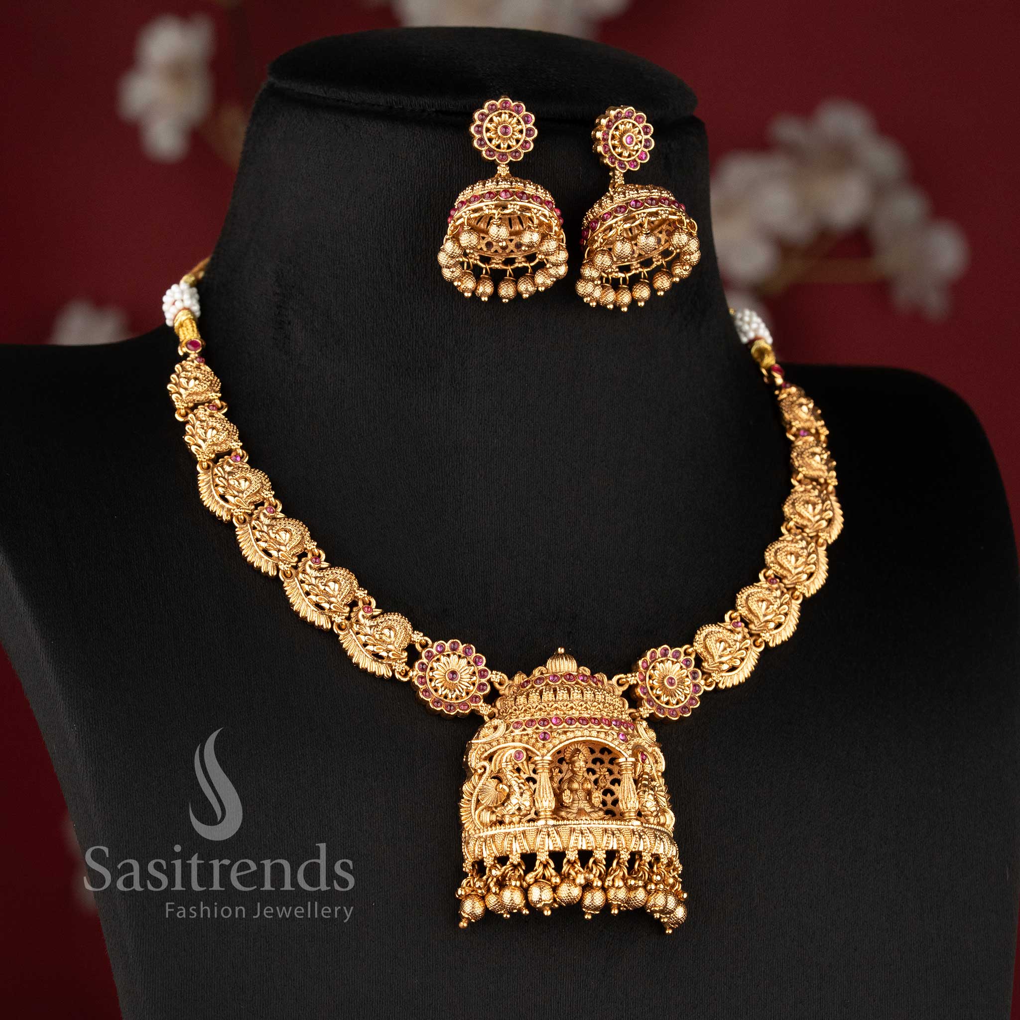 Grand Bridal Wear Temple Matte Gold Finish Lakshmi and Peacock Choker Nakshi style Necklace Jewellery Set | Sasitrends - Image 7