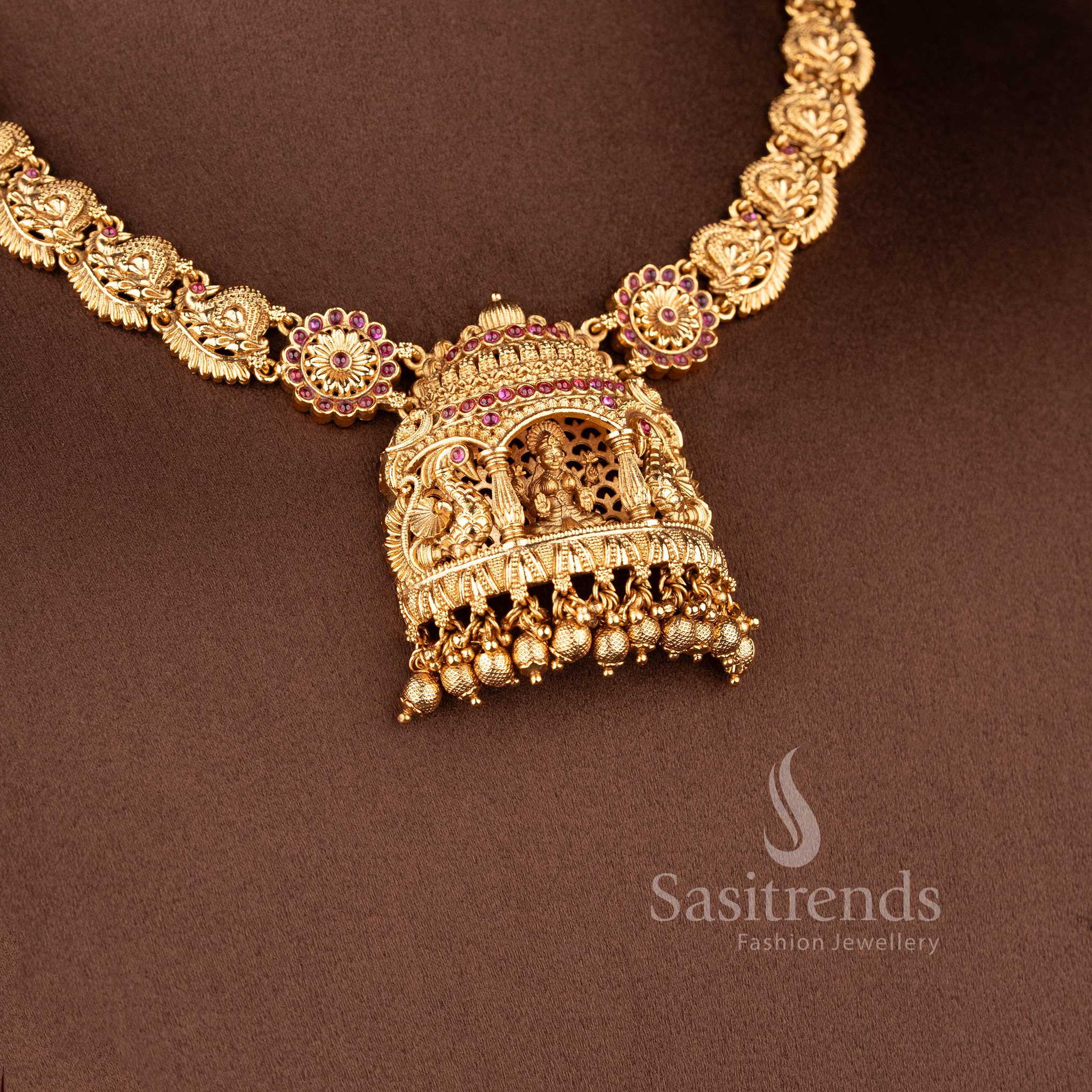 Grand Bridal Wear Temple Matte Gold Finish Lakshmi and Peacock Choker Nakshi style Necklace Jewellery Set | Sasitrends - Image 9