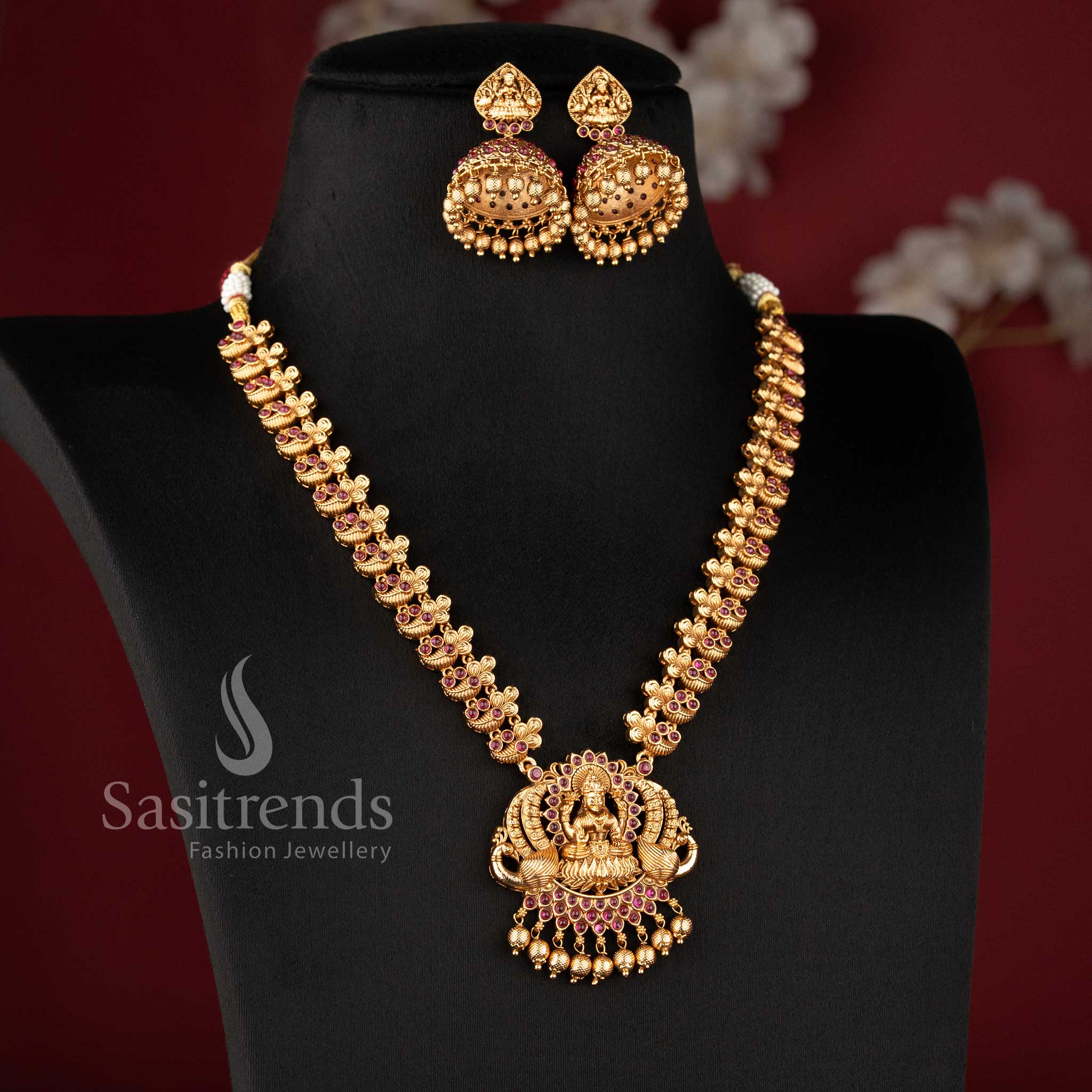 Traditional Bridal Wear Temple Matte Gold Tone Lakshmi Peacock Haram Necklace Jewellery Set for Women with Matching Jhumkas - Sasitrends - Image 2