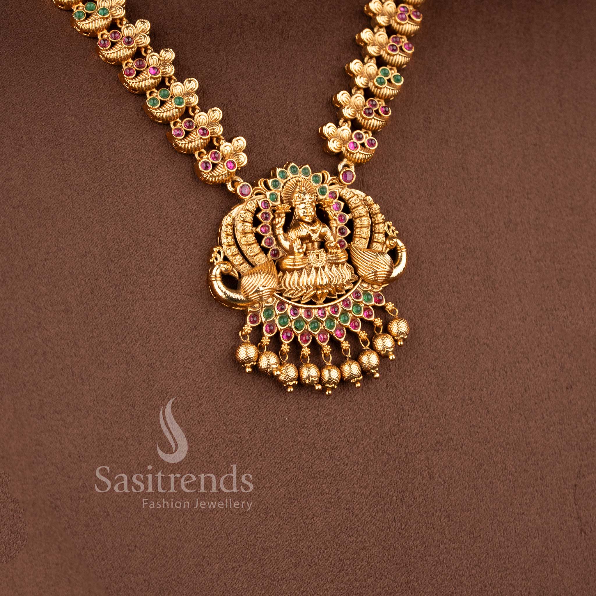 Traditional Bridal Wear Temple Matte Gold Tone Lakshmi Peacock Haram Necklace Jewellery Set for Women with Matching Jhumkas - Sasitrends - Image 9