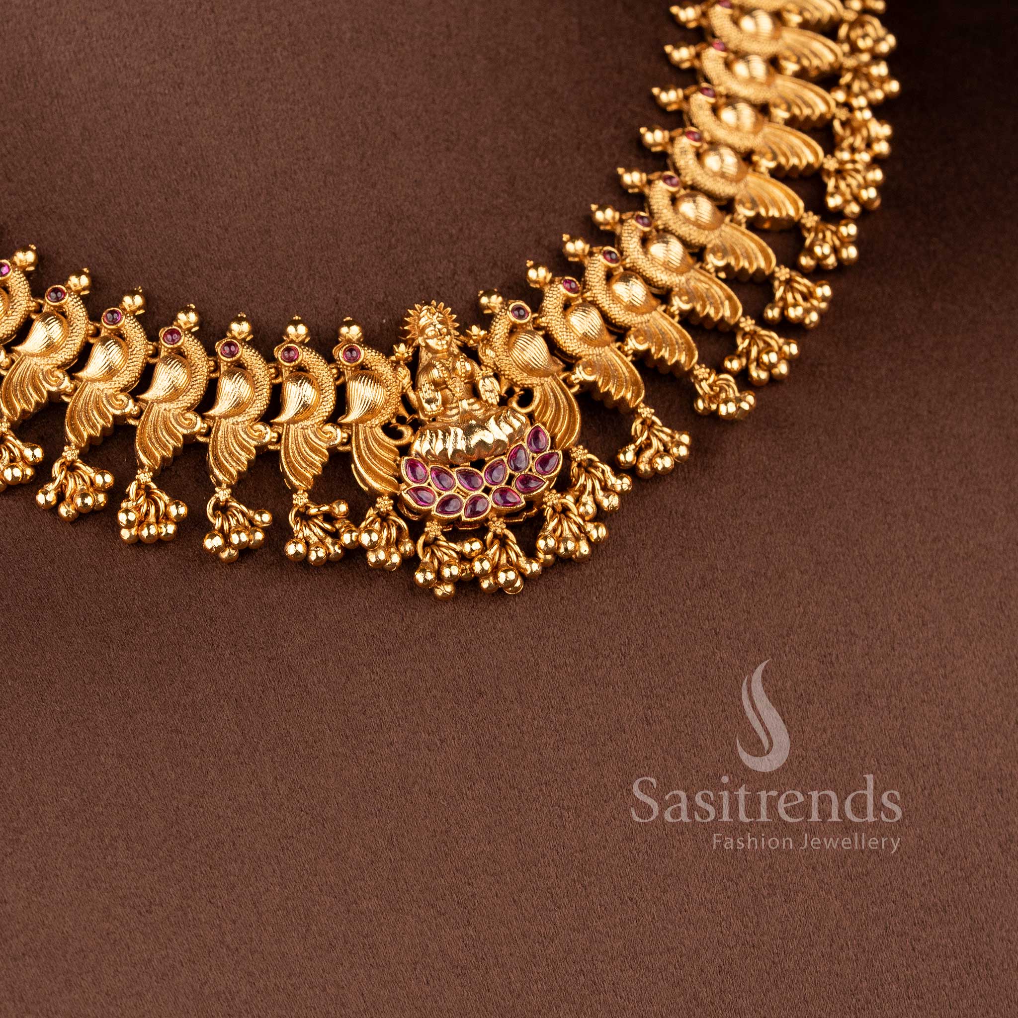 Latest Bridal Wear Temple Matte Gold Lakshmi Peacock Necklace Jewellery Set for Women - Traditional Wedding Jewellery | Sasitrends - Image 3