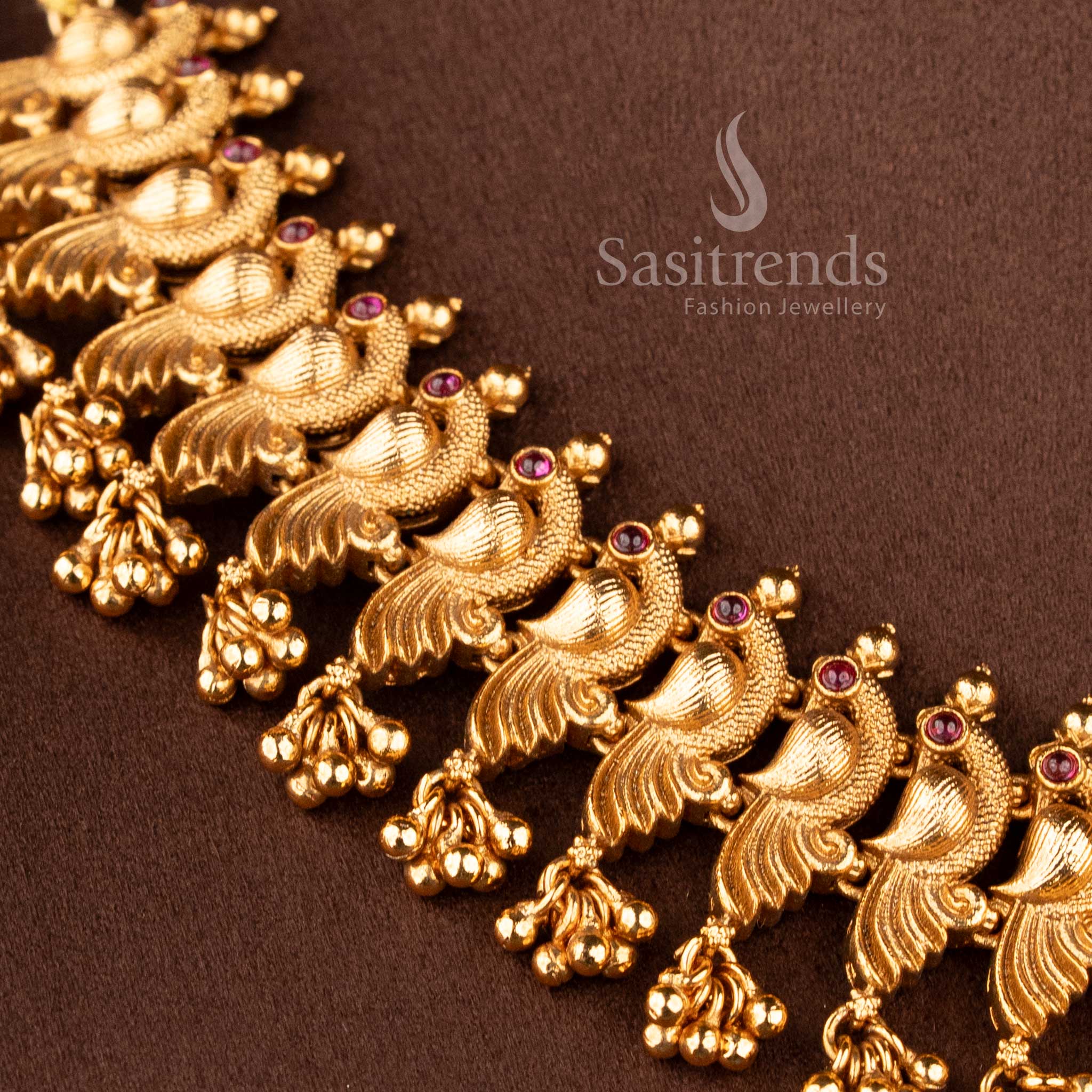 Latest Bridal Wear Temple Matte Gold Lakshmi Peacock Necklace Jewellery Set for Women - Traditional Wedding Jewellery | Sasitrends - Image 4