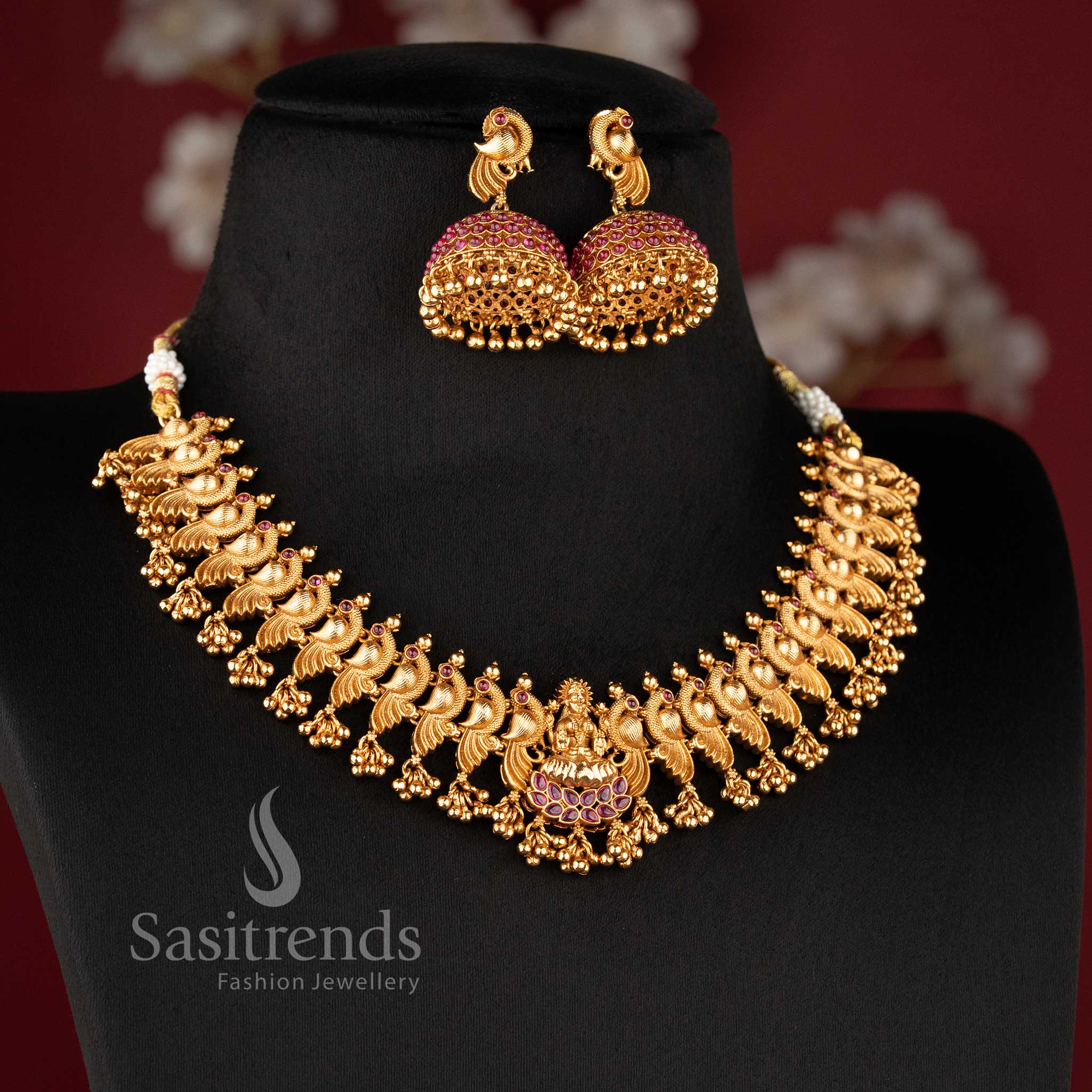 Latest Bridal Wear Temple Matte Gold Lakshmi Peacock Necklace Jewellery Set for Women - Traditional Wedding Jewellery | Sasitrends - Image 5