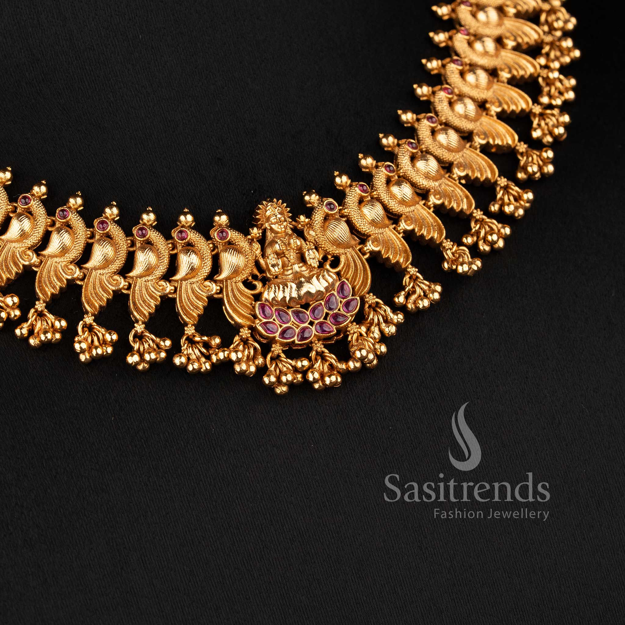 Latest Bridal Wear Temple Matte Gold Lakshmi Peacock Necklace Jewellery Set for Women - Traditional Wedding Jewellery | Sasitrends - Image 7