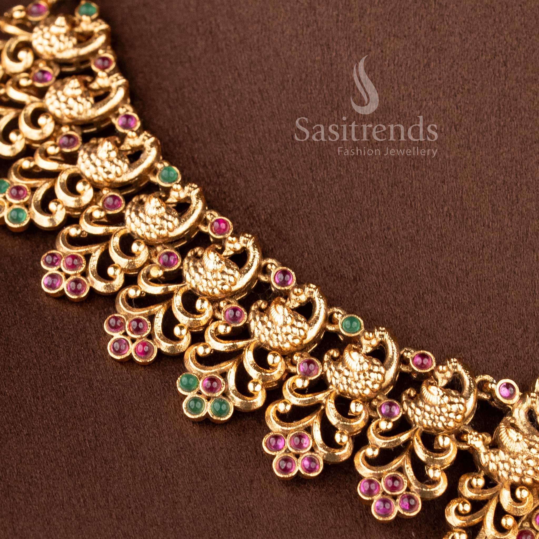 Trendy Bridal Wear Temple Matte Gold Plated Lakshmi & Peacock Choker Necklace Jewellery Set | Sasitrends - Image 3