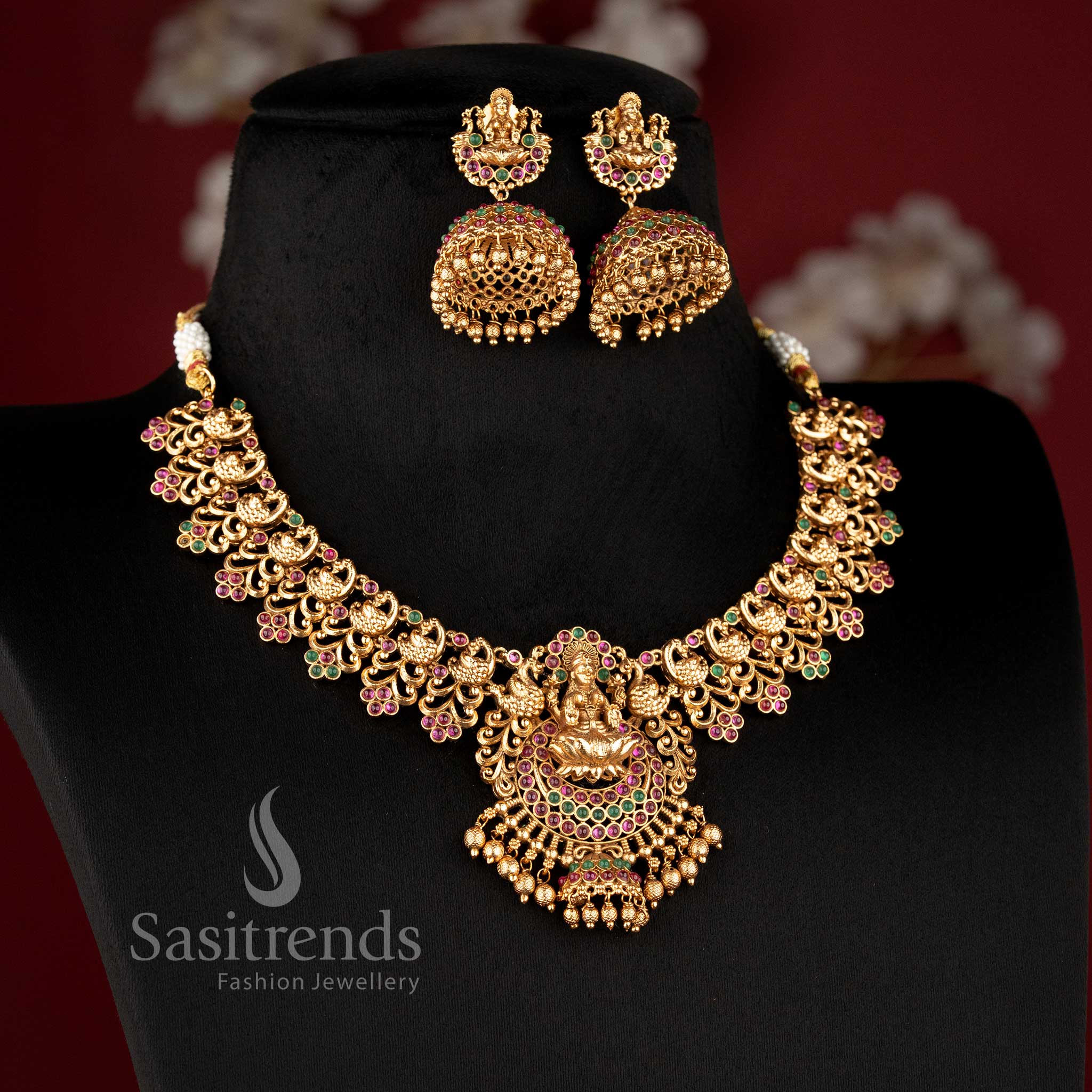 Trendy Bridal Wear Temple Matte Gold Plated Lakshmi & Peacock Choker Necklace Jewellery Set | Sasitrends - Image 4