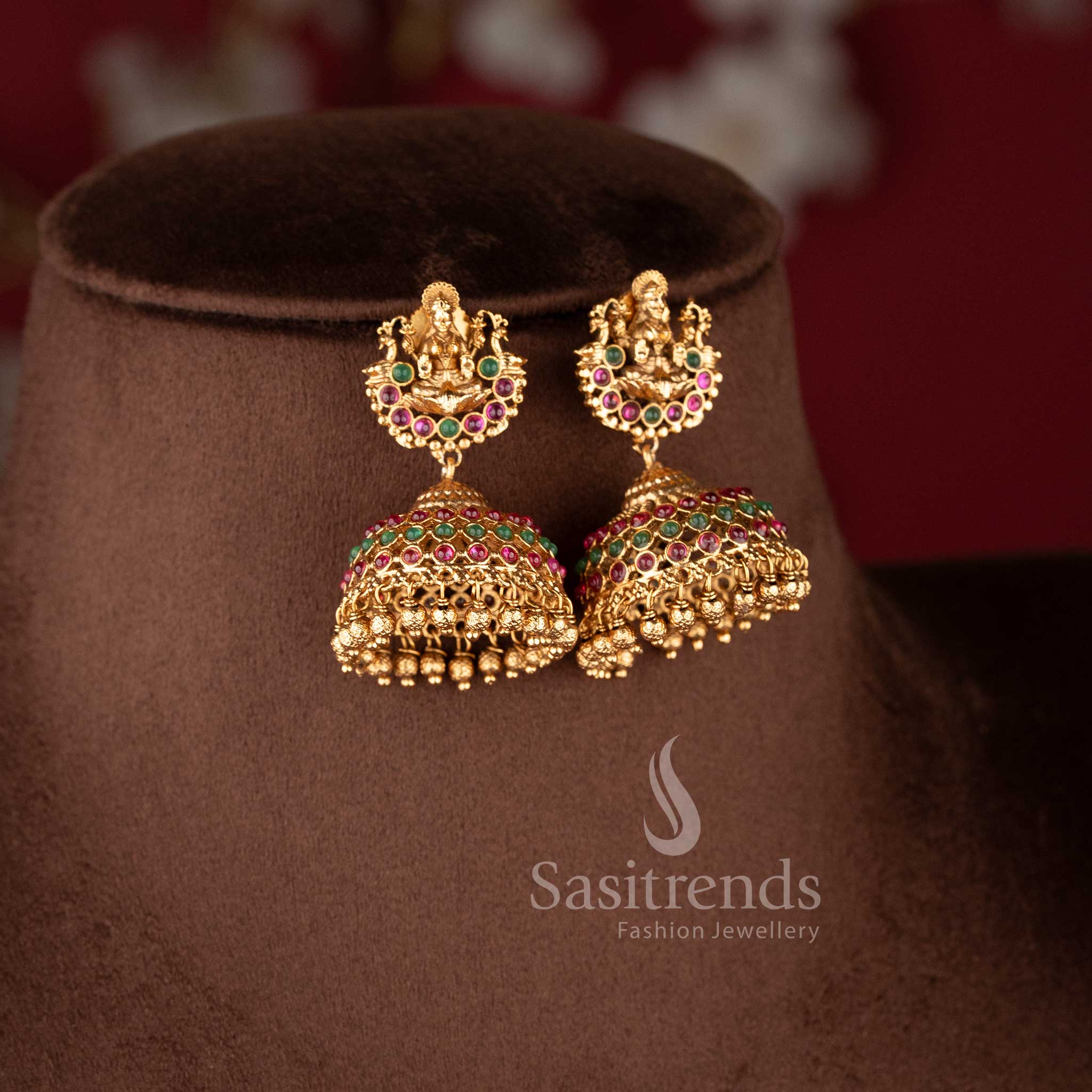 Trendy Bridal Wear Temple Matte Gold Plated Lakshmi & Peacock Choker Necklace Jewellery Set | Sasitrends - Image 5
