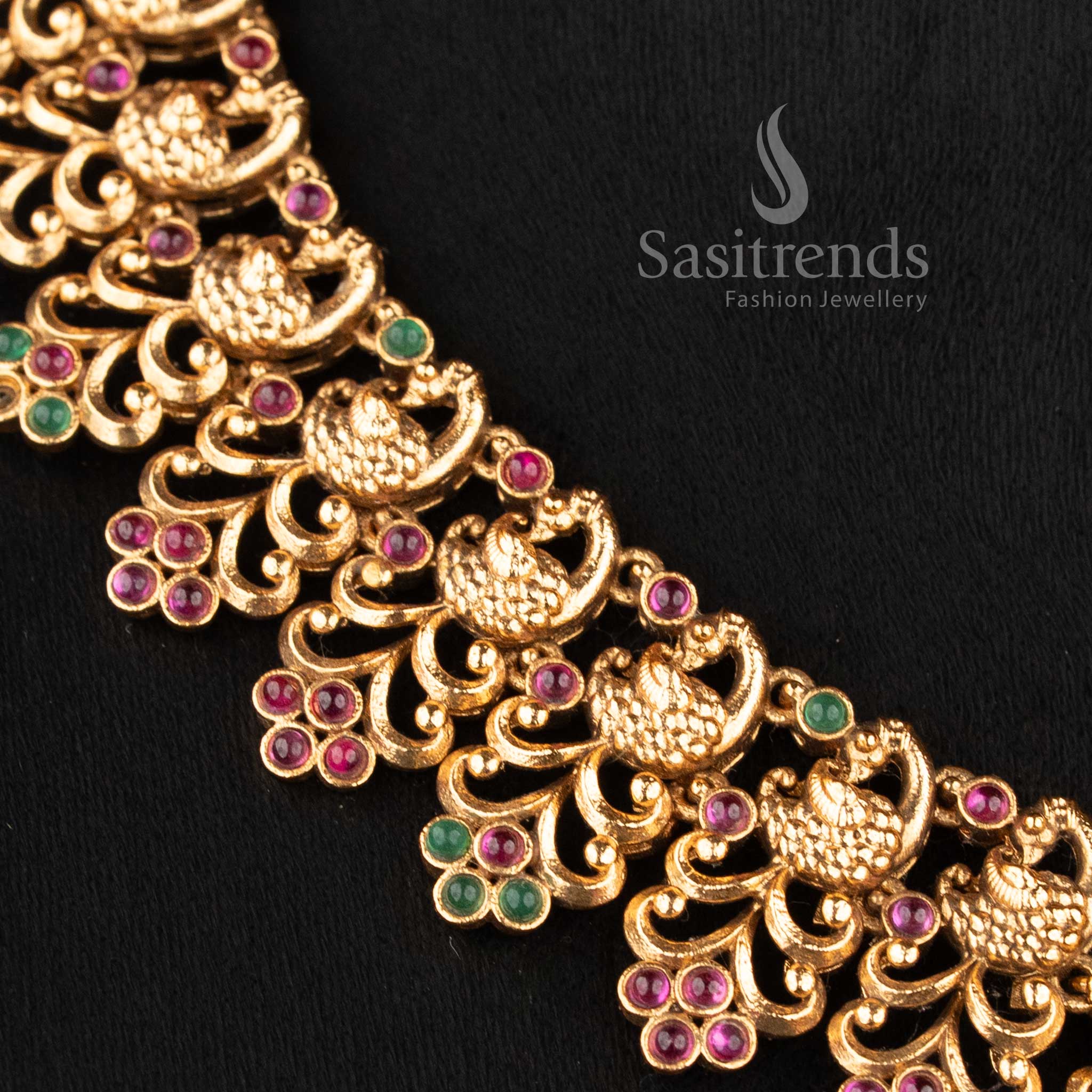 Trendy Bridal Wear Temple Matte Gold Plated Lakshmi & Peacock Choker Necklace Jewellery Set | Sasitrends - Image 7