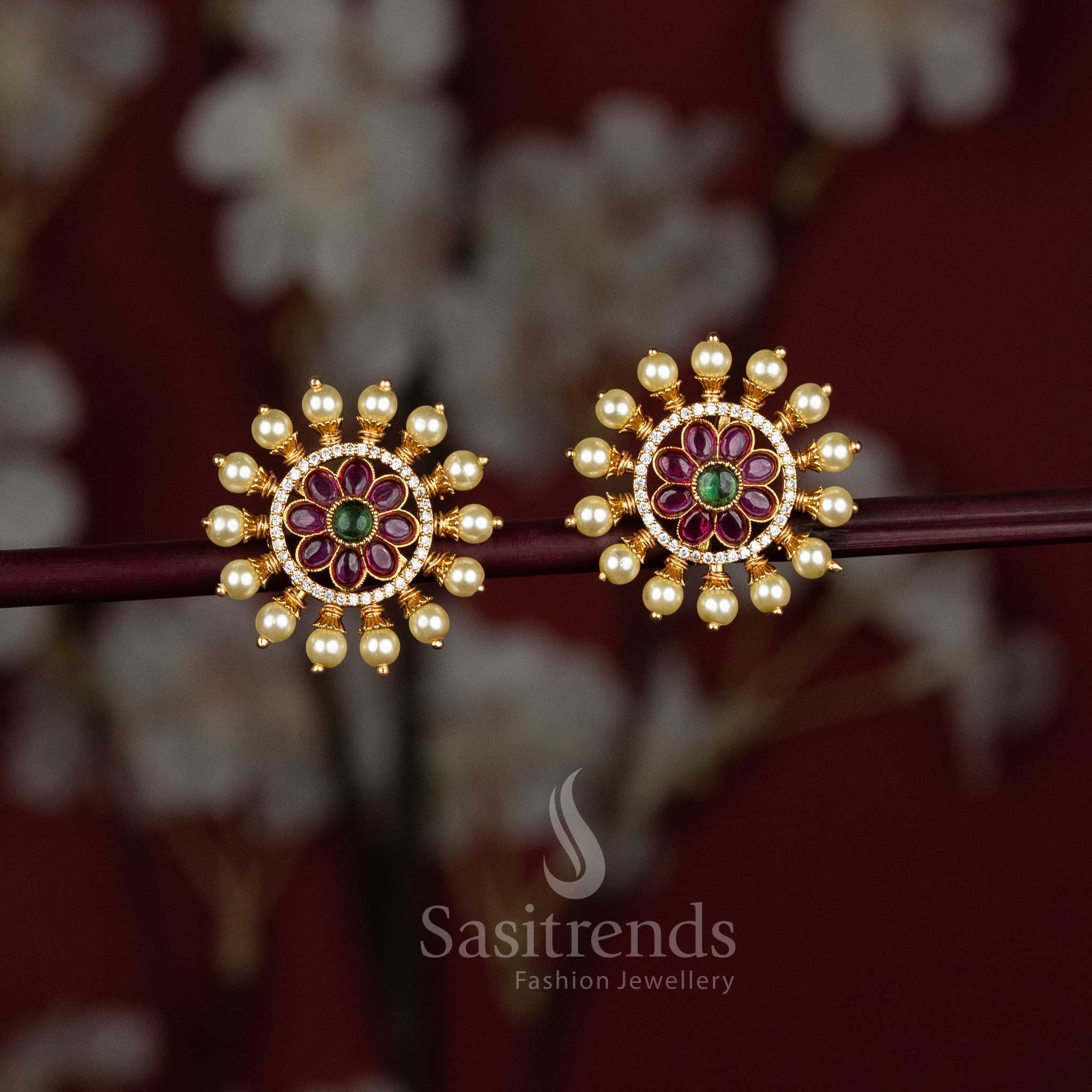 Beautiful Matte Gold Plated Floral Round Stud Earrings with Pearl Border and AD Stones - Sasitrends - Image 3