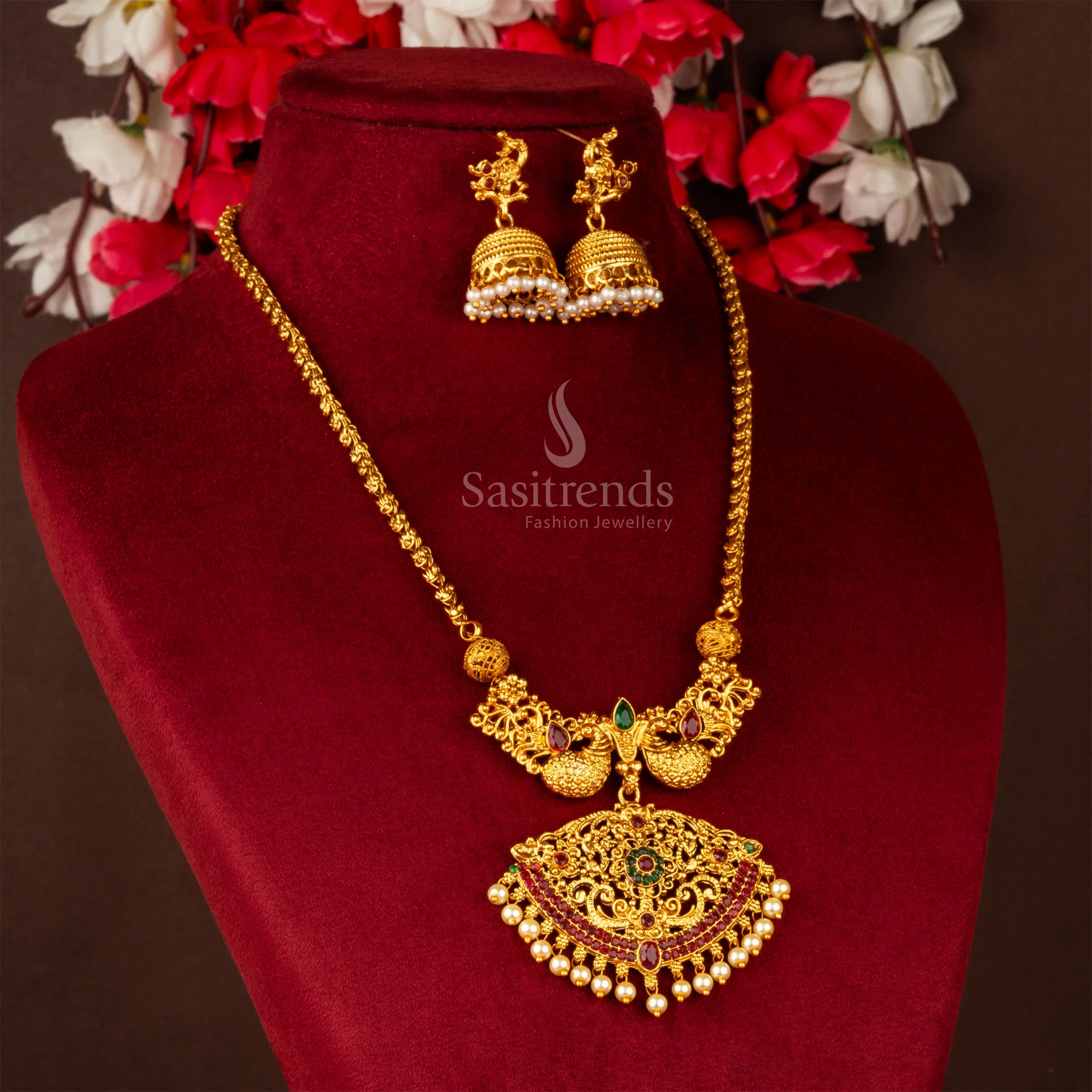 Classic Matte Gold Peacock Designer Necklace Jewellery Set with Floral Pendant - Traditional Temple Wear