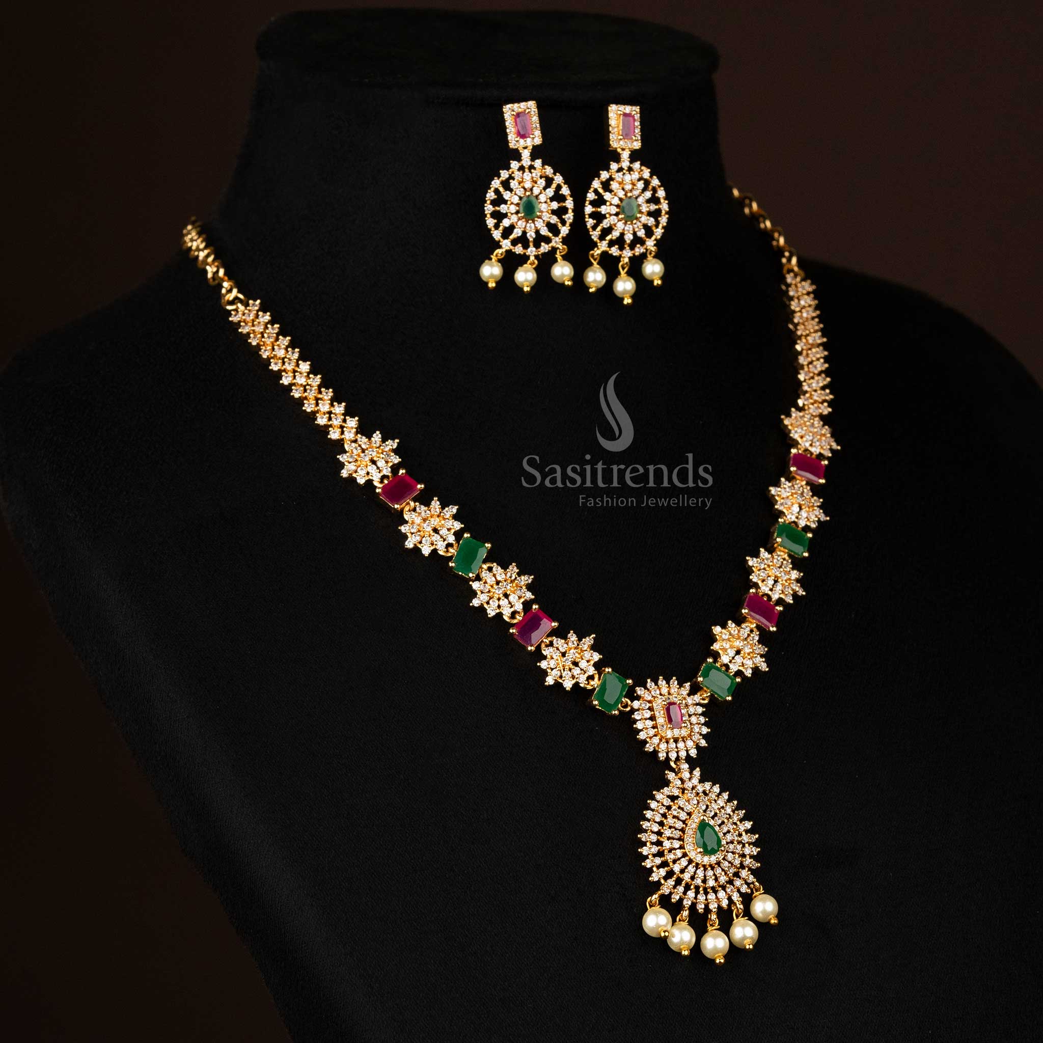 Micro Gold Plated Party Wear Flower Pendant American Diamond Pearl Necklace Jewellery Set | Sasitrends