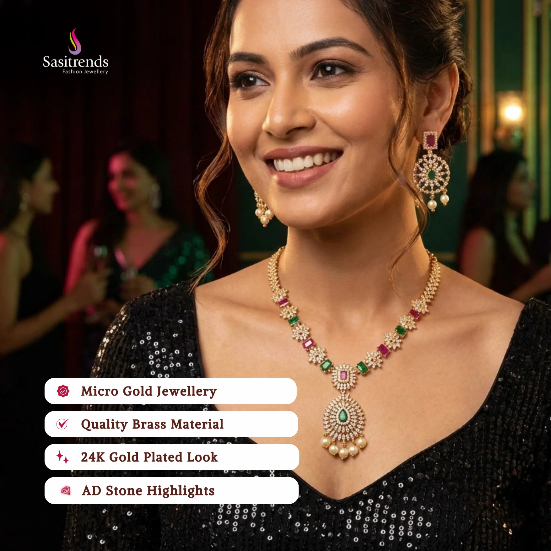 Micro Gold Plated Party Wear Flower Pendant American Diamond Pearl Necklace Jewellery Set | Sasitrends - Image 2