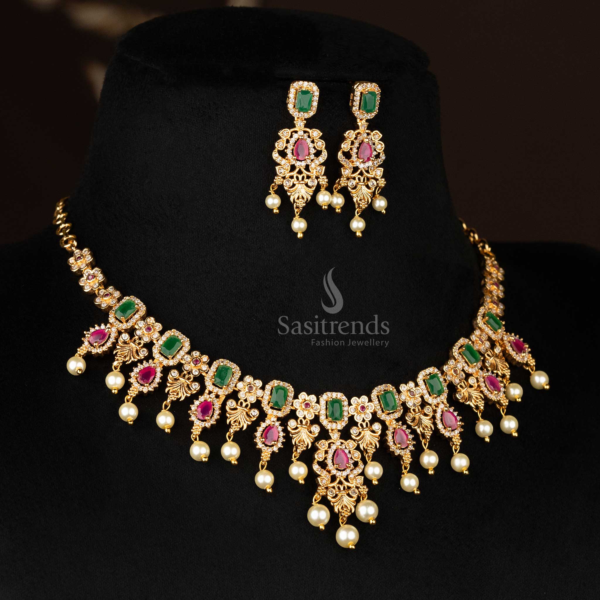 Sasitrends | Elegance: Micro Gold Plated Flower Pendant American Diamond  Pearl Necklace Jewellery Set