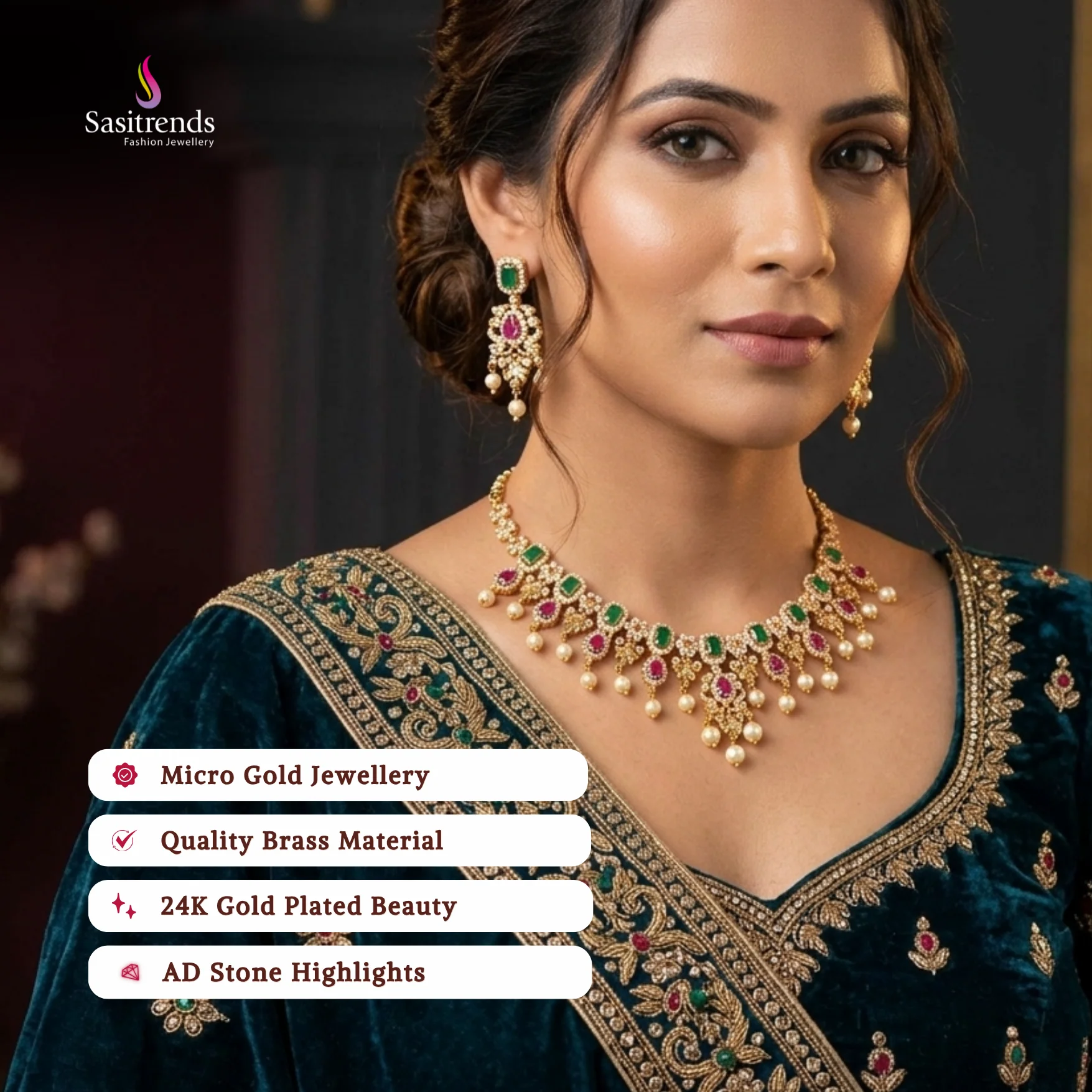 Sasitrends | Elegance: Micro Gold Plated Flower Pendant American Diamond  Pearl Necklace Jewellery Set - Image 2