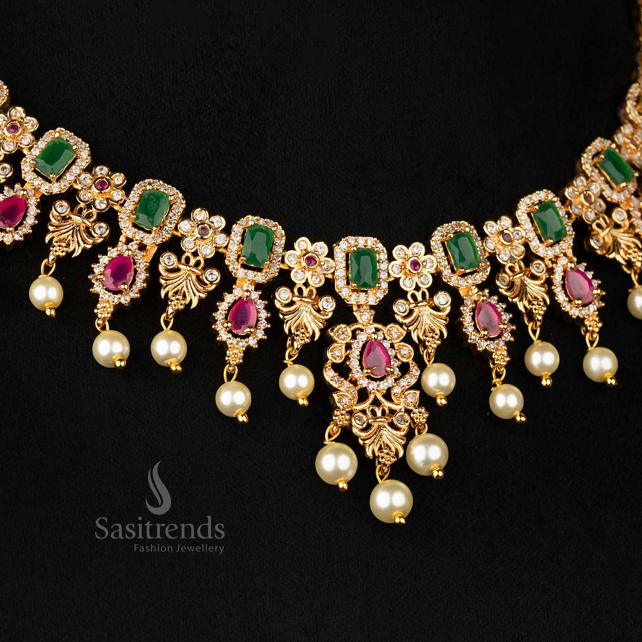 Sasitrends | Elegance: Micro Gold Plated Flower Pendant American Diamond  Pearl Necklace Jewellery Set - Image 3