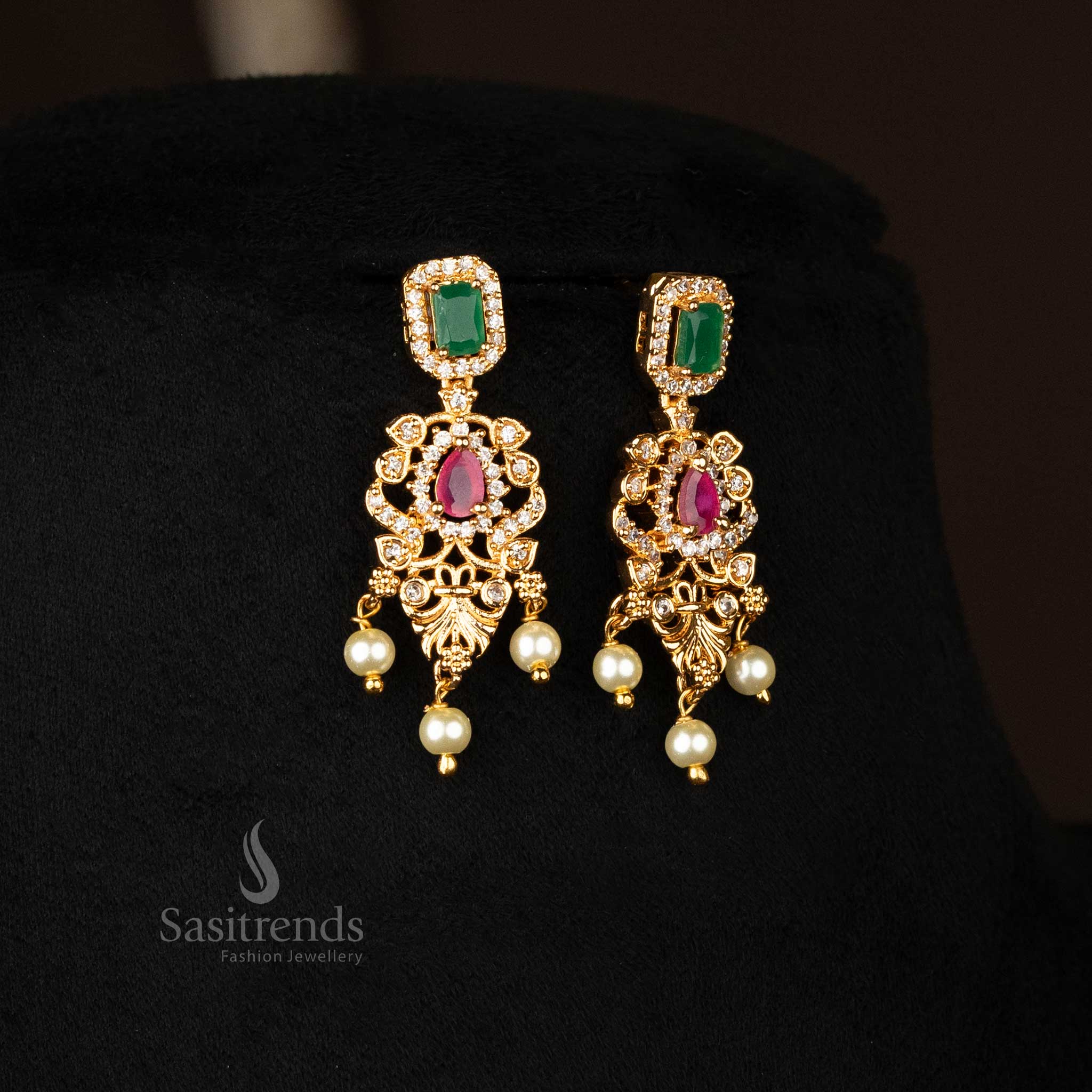 Sasitrends | Elegance: Micro Gold Plated Flower Pendant American Diamond  Pearl Necklace Jewellery Set - Image 5