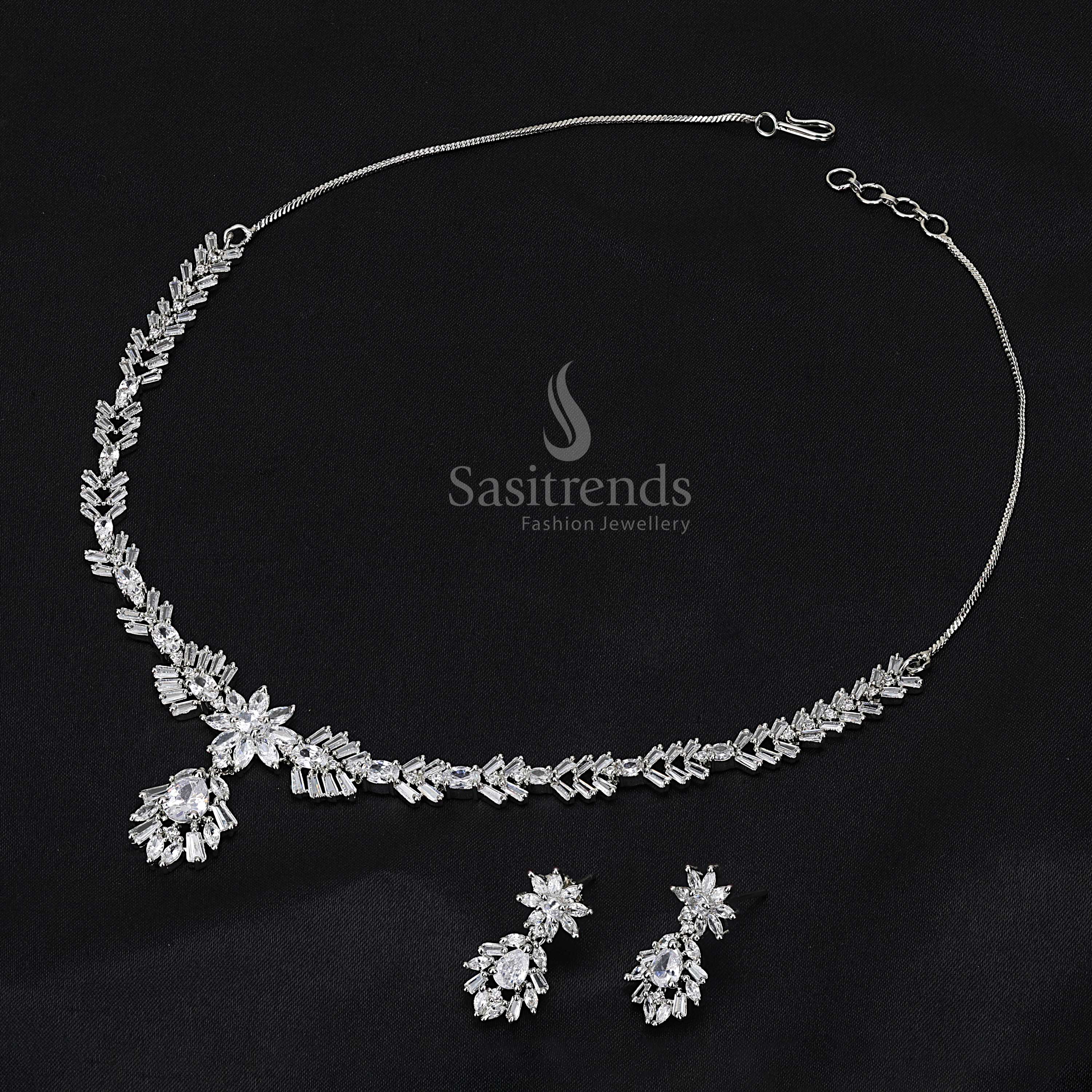 Elegant American Diamond Rhodium Silver and Rose Gold Plated Floral Necklace Set with Earrings - Image 2