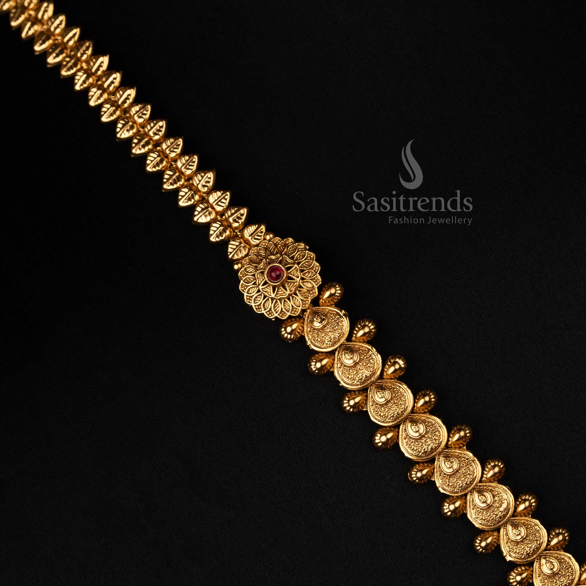 Antique Gold Long Necklace Jewellery Set with Jhumkas For Festive Wear - Image 3