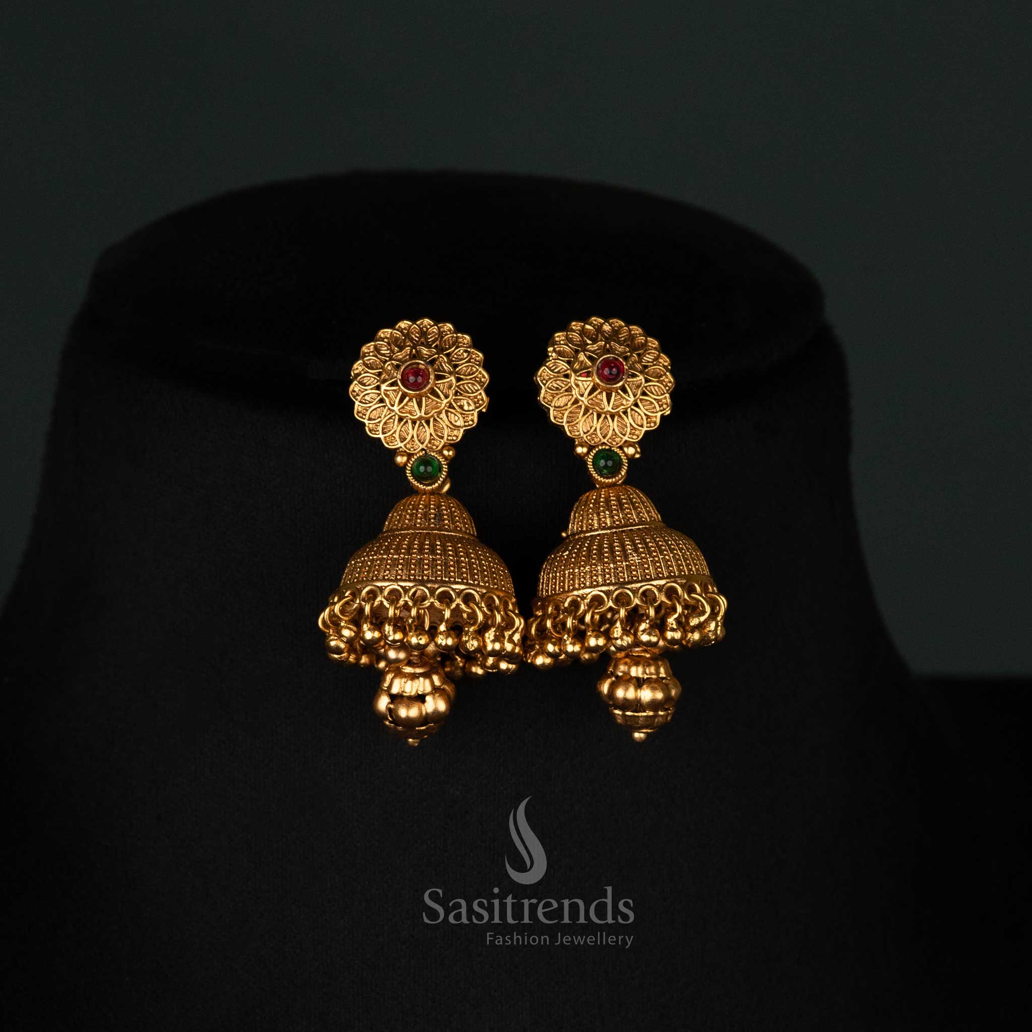 Antique Gold Long Necklace Jewellery Set with Jhumkas For Festive Wear - Image 4
