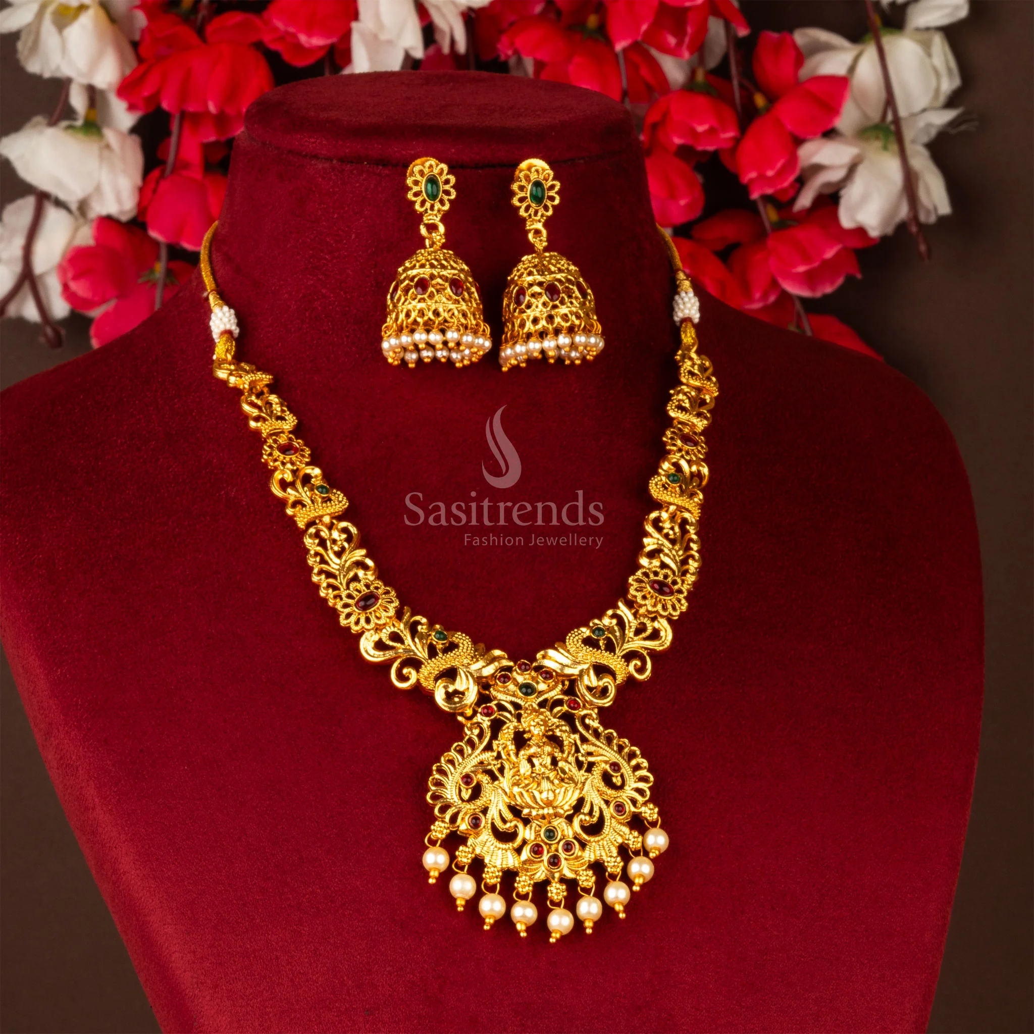 Classic Traditional Matte Gold Plated Lakshmi Pendant Necklace Jewellery Set with Matching Flower Jhumka