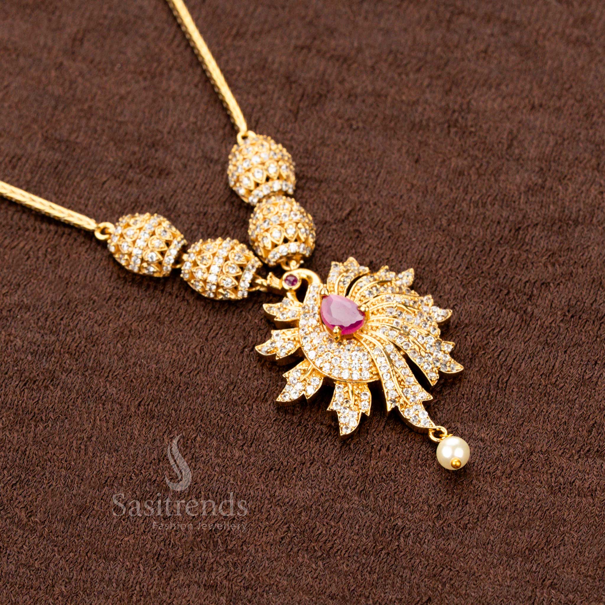 Gorgeous Trendy Traditional Matte Gold Plated Peacock Pendant Necklace Jewellery Set | Sasitrends - Image 8