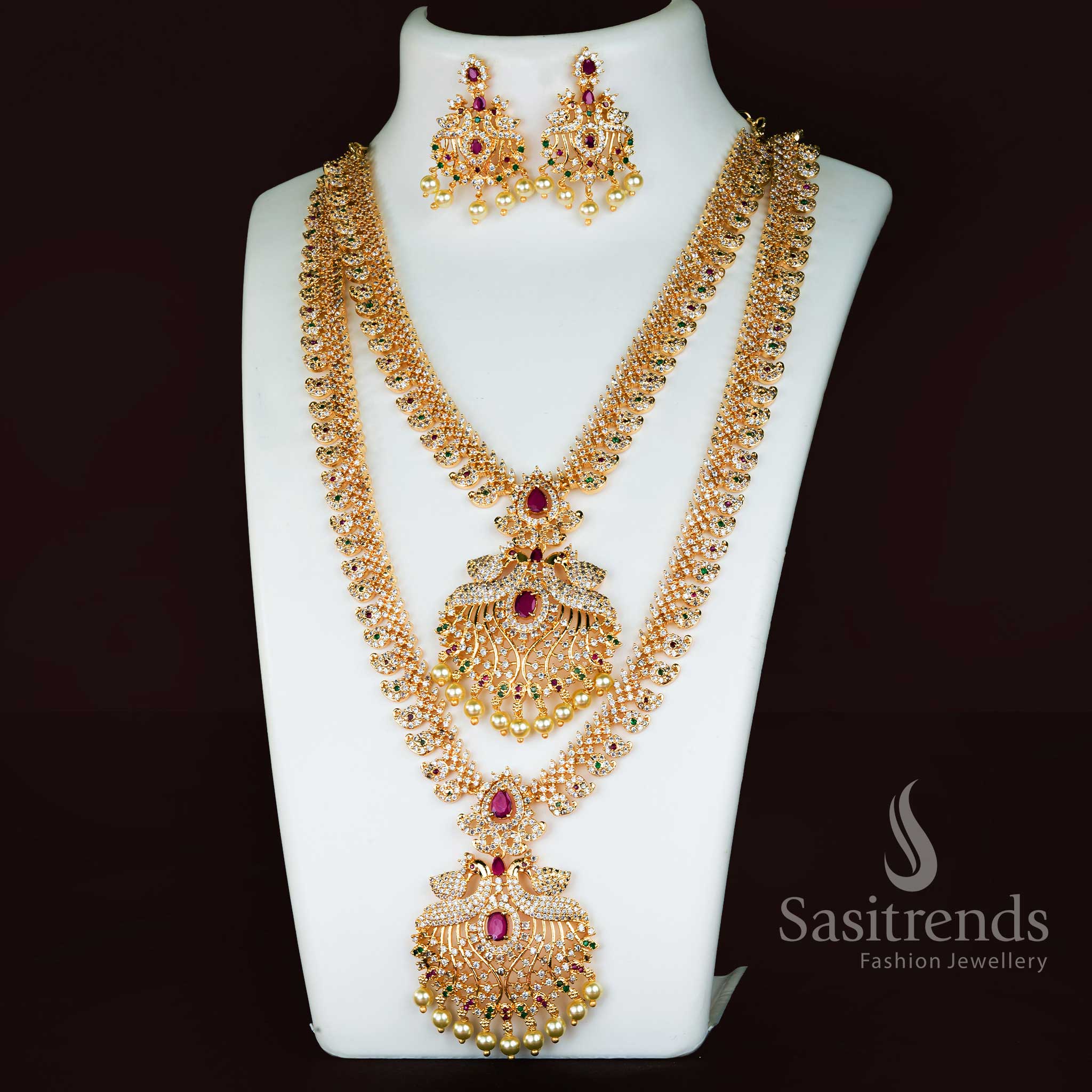 Combo Semi-Bridal Peacock and Mango Pattern Micro Gold Plated Necklace Jewellery Set with AD and Pearls