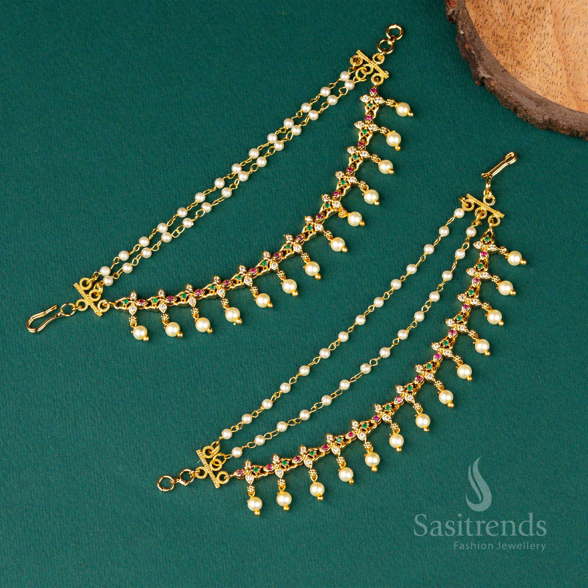 New Arrivel: Sophisticated Micro Gold Plated AD Stone Pearl Matil Ear Chain - Image 5