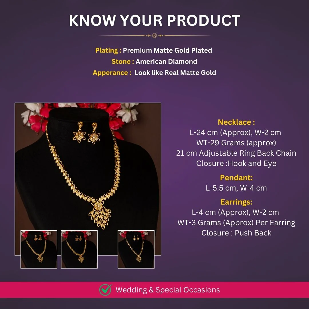 Sasitrends - Traditional Temple Matte Gold Sparkling Flower Pendant Necklace Jewellery Set - Image 3