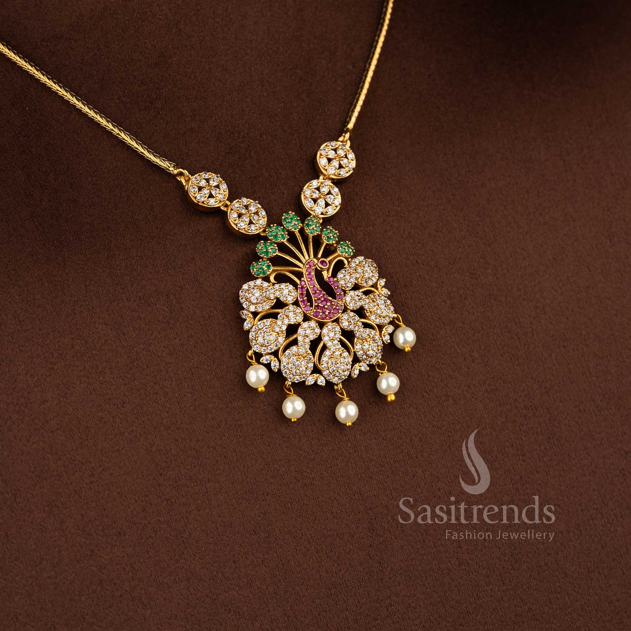 Trendy Party Wear Temple Matte Gold Plated Peacock AD Necklace Jewellery Set for Women | Sasitrends - Image 3