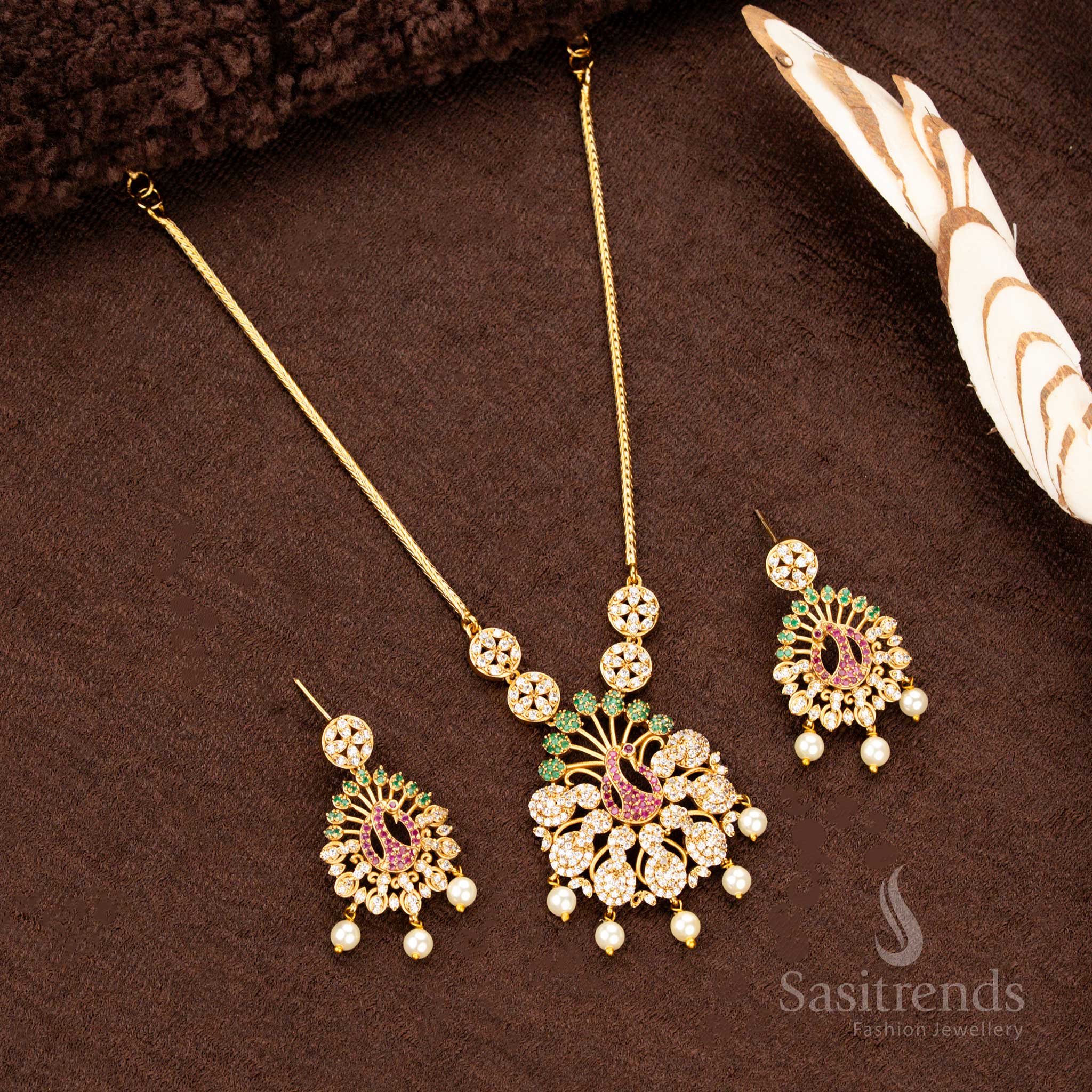Trendy Party Wear Temple Matte Gold Plated Peacock AD Necklace Jewellery Set for Women | Sasitrends - Image 5
