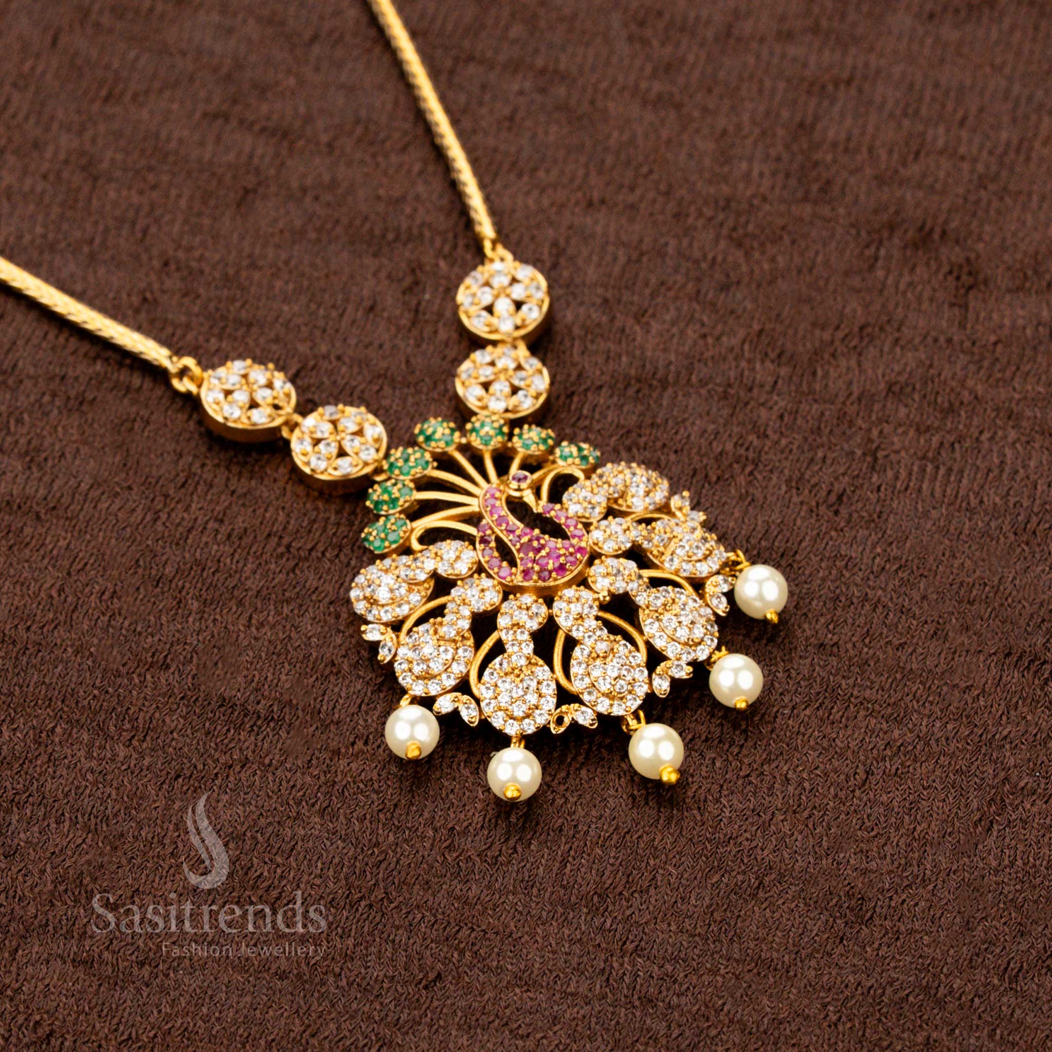 Trendy Party Wear Temple Matte Gold Plated Peacock AD Necklace Jewellery Set for Women | Sasitrends - Image 6