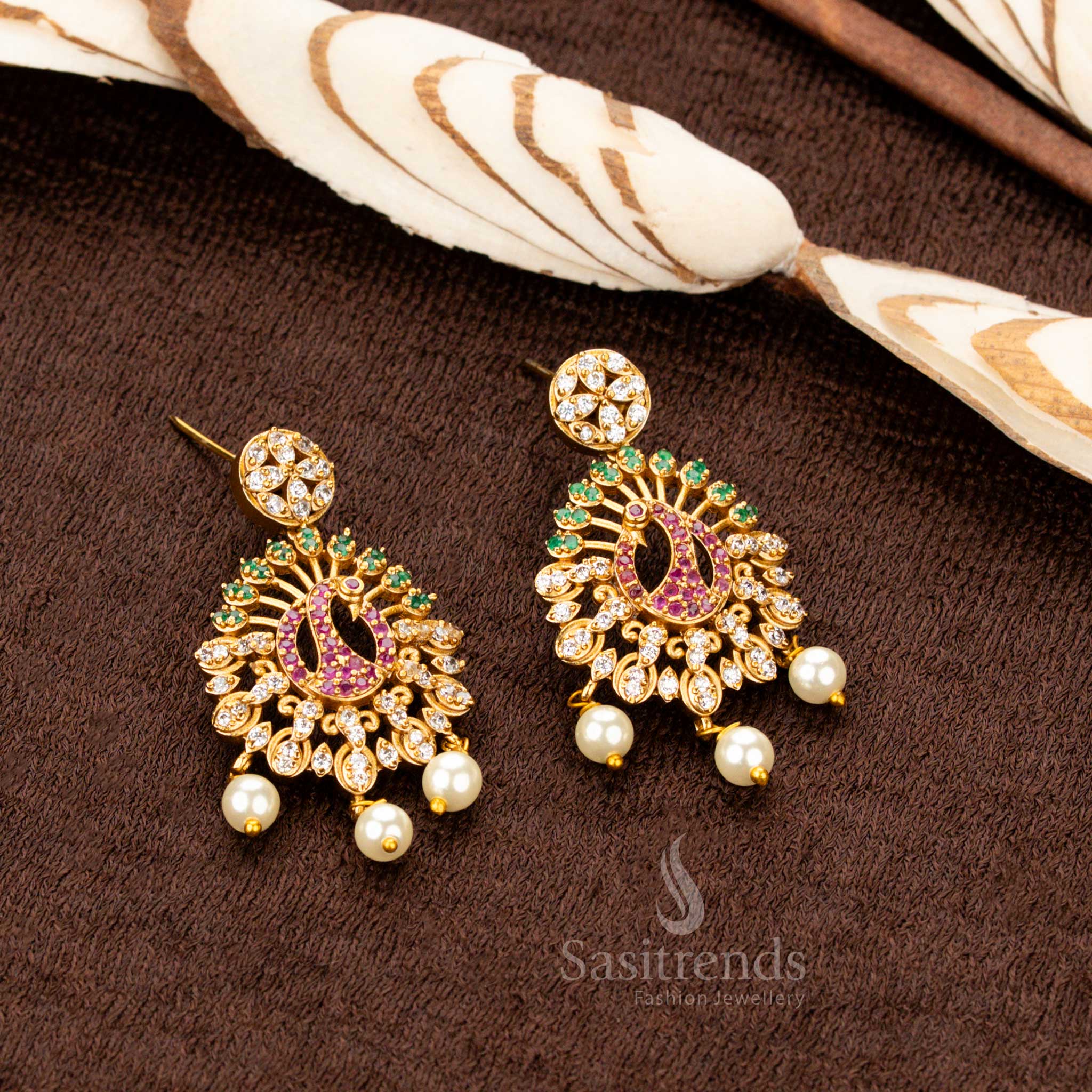 Trendy Party Wear Temple Matte Gold Plated Peacock AD Necklace Jewellery Set for Women | Sasitrends - Image 7