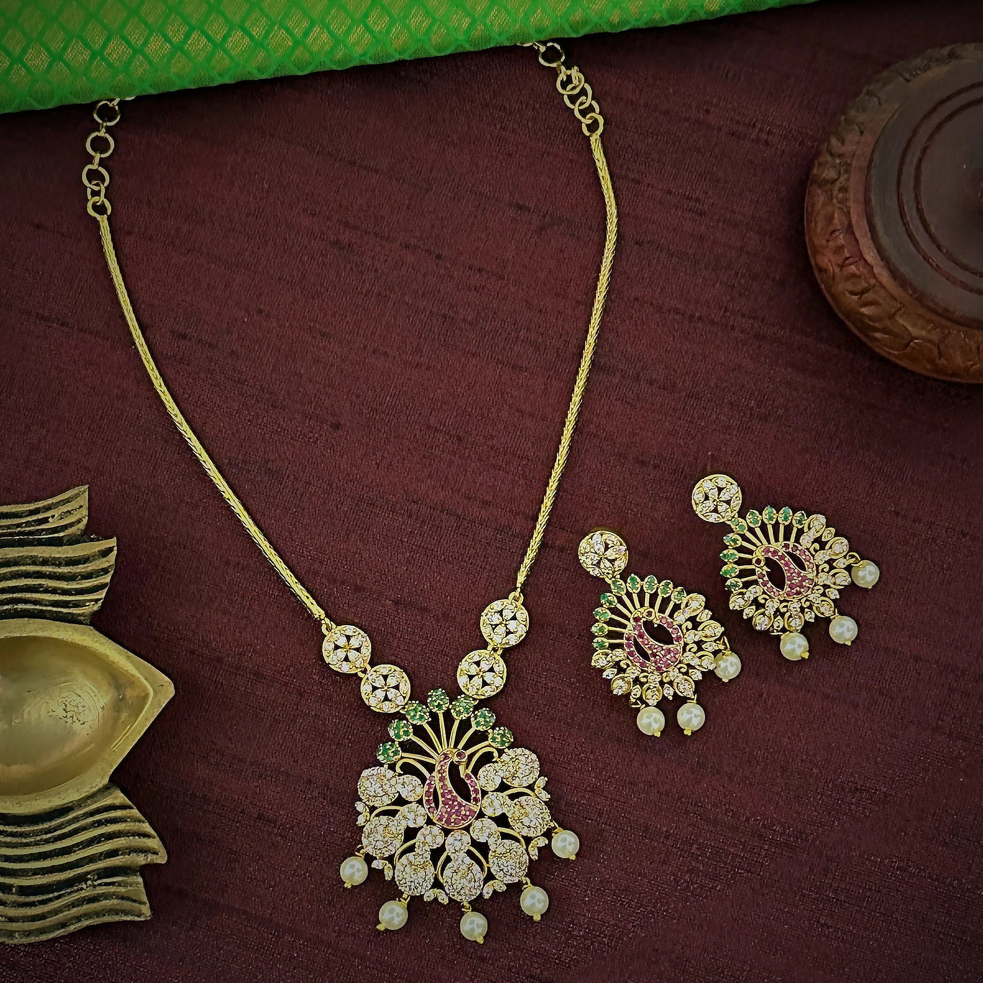 Trendy Party Wear Temple Matte Gold Plated Peacock AD Necklace Jewellery Set for Women | Sasitrends - Image 8