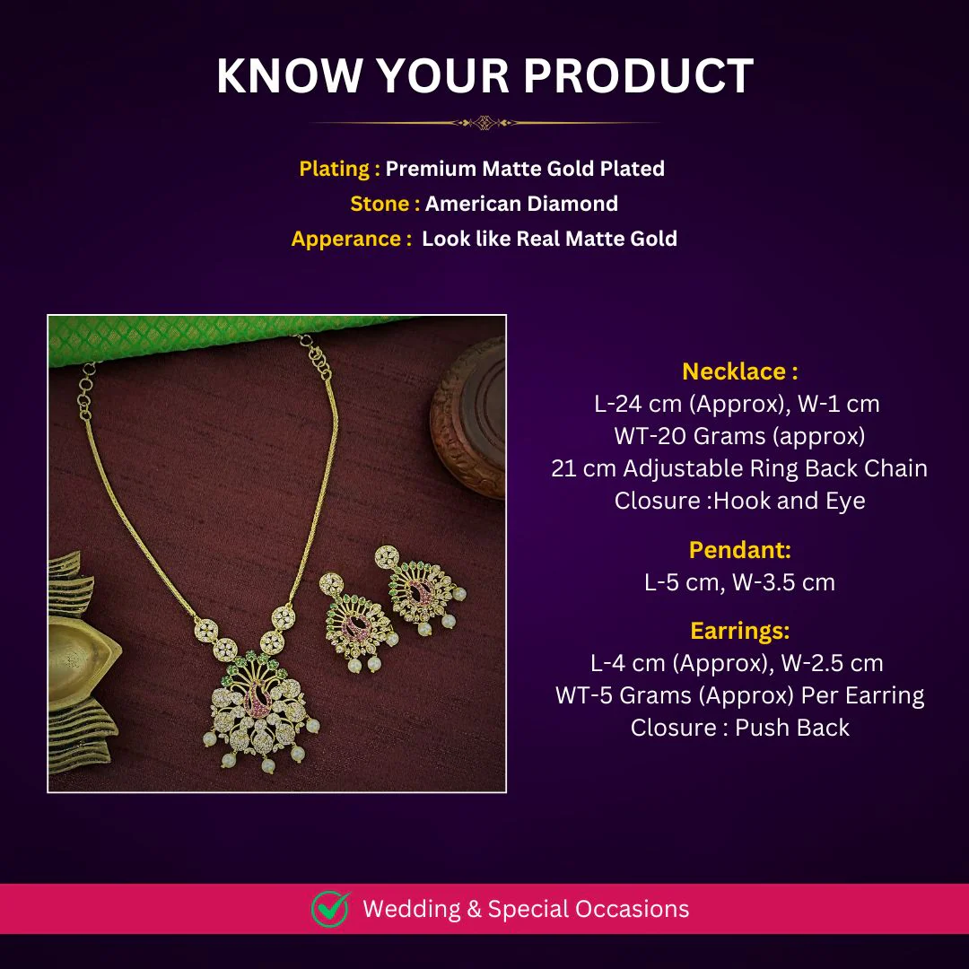 Trendy Party Wear Temple Matte Gold Plated Peacock AD Necklace Jewellery Set for Women | Sasitrends - Image 9