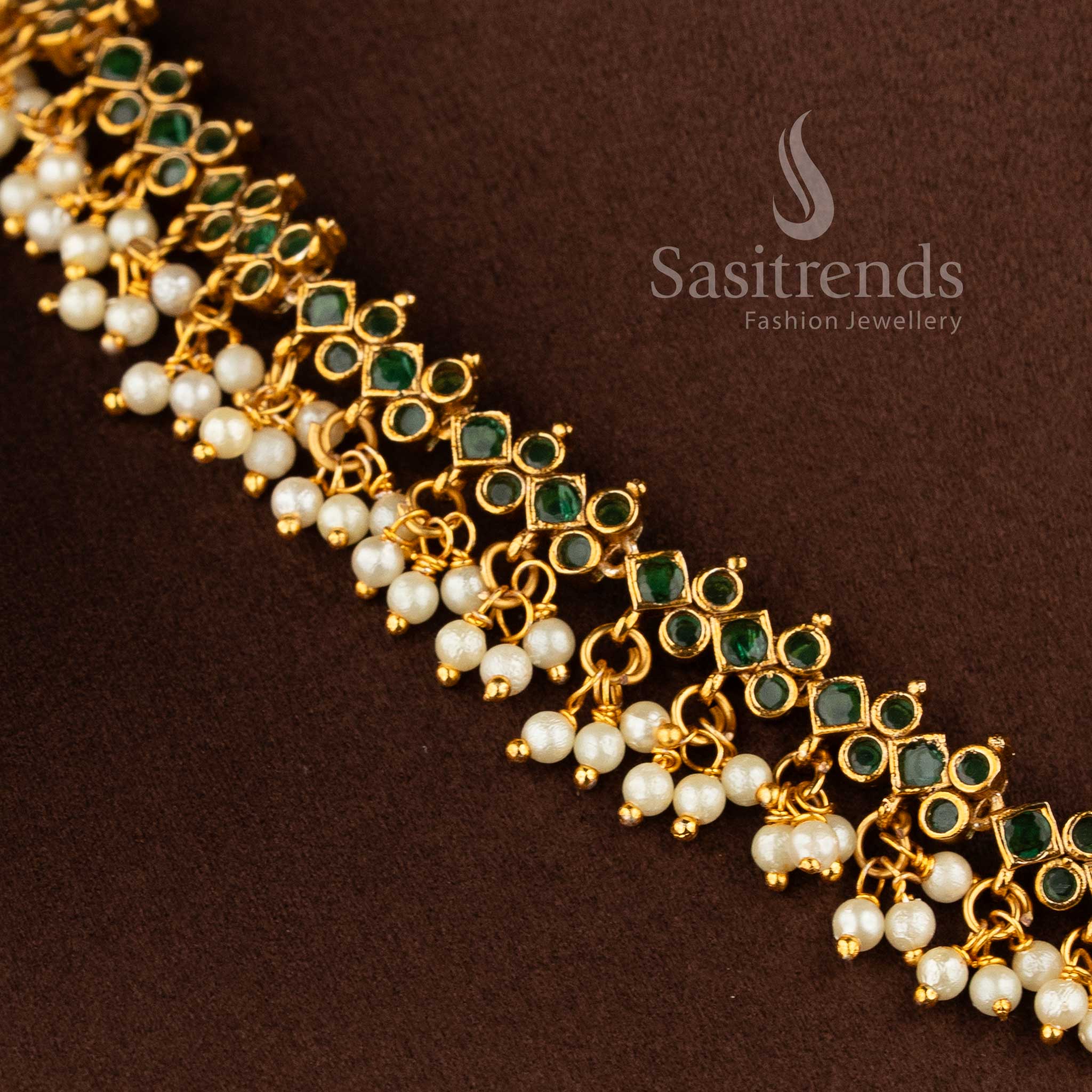 Gorgeous Floral Pendant Temple Matte Gold Plated Choker Necklace Jewellery Set with AD Stones and Pearl Drops for Women | Sasitrends - Image 10