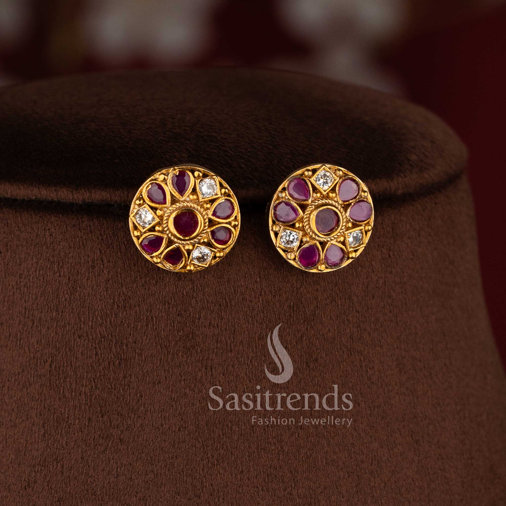 Gorgeous Floral Pendant Temple Matte Gold Plated Choker Necklace Jewellery Set with AD Stones and Pearl Drops for Women | Sasitrends - Image 11